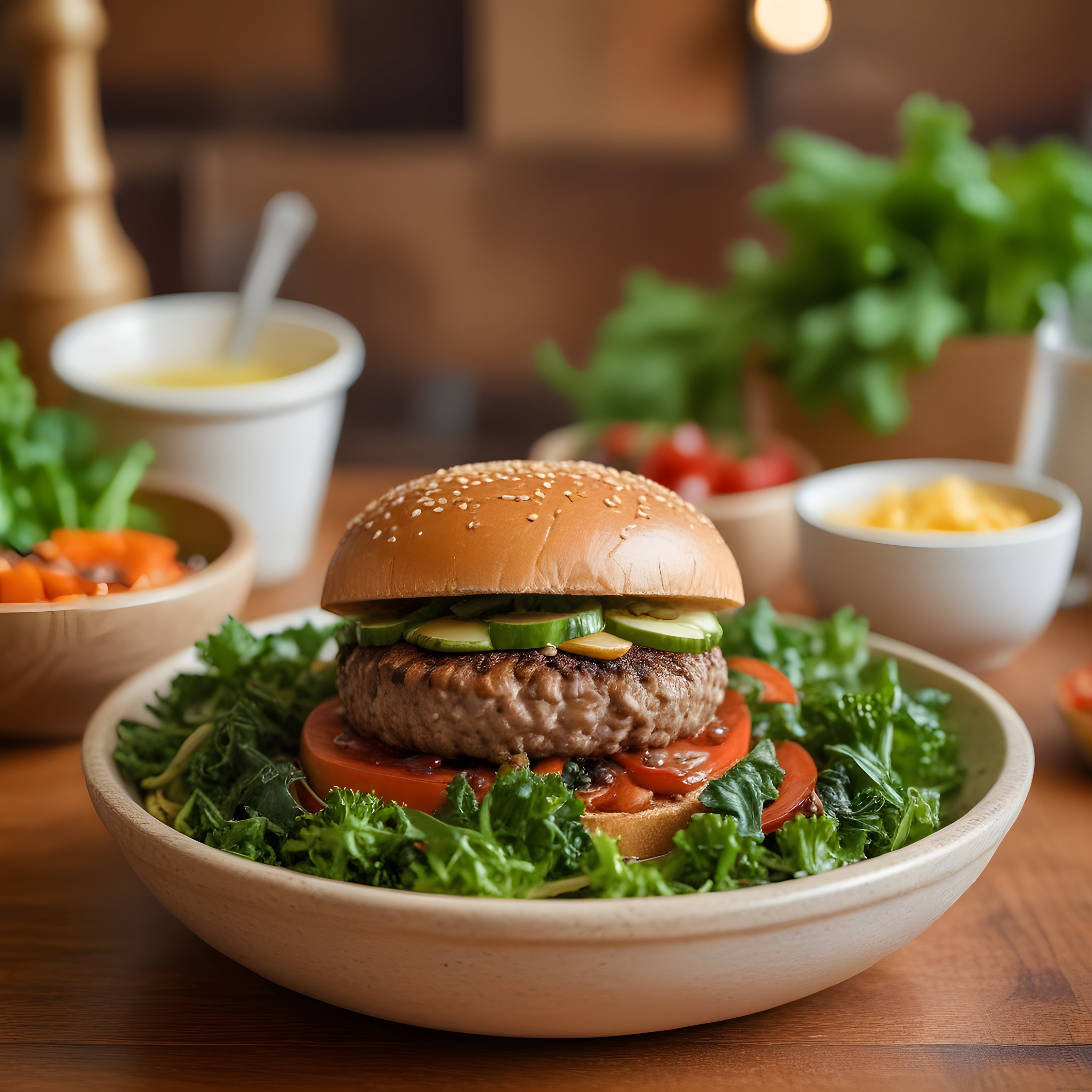 Ahşap Sunum Tabağında Susamlı Hamburger ve Ev Yapımı Salata Sosları
