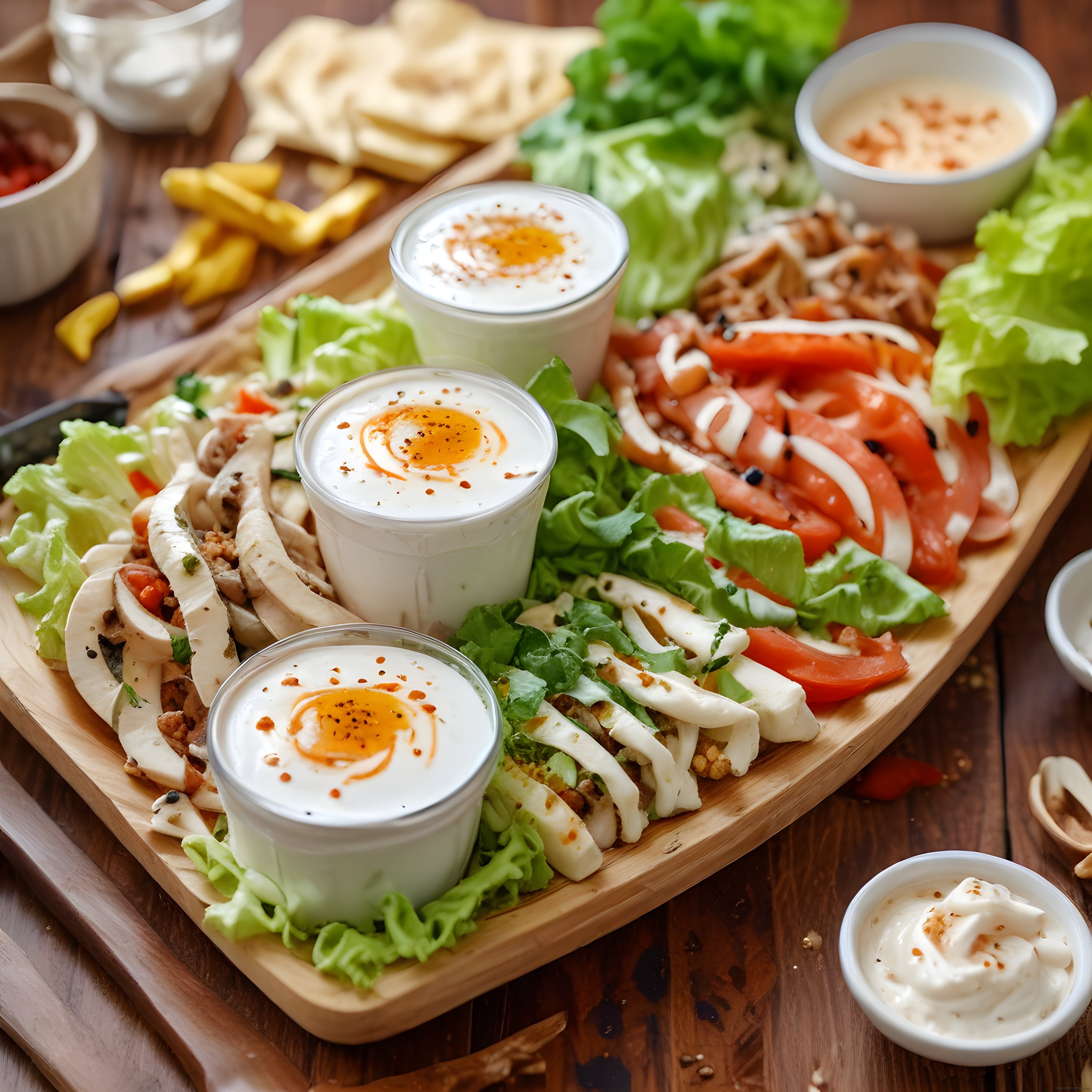 Ahşap Sunum Tabağında Tavuk Şeritleri, Taze Salata ve Özel Soslar
