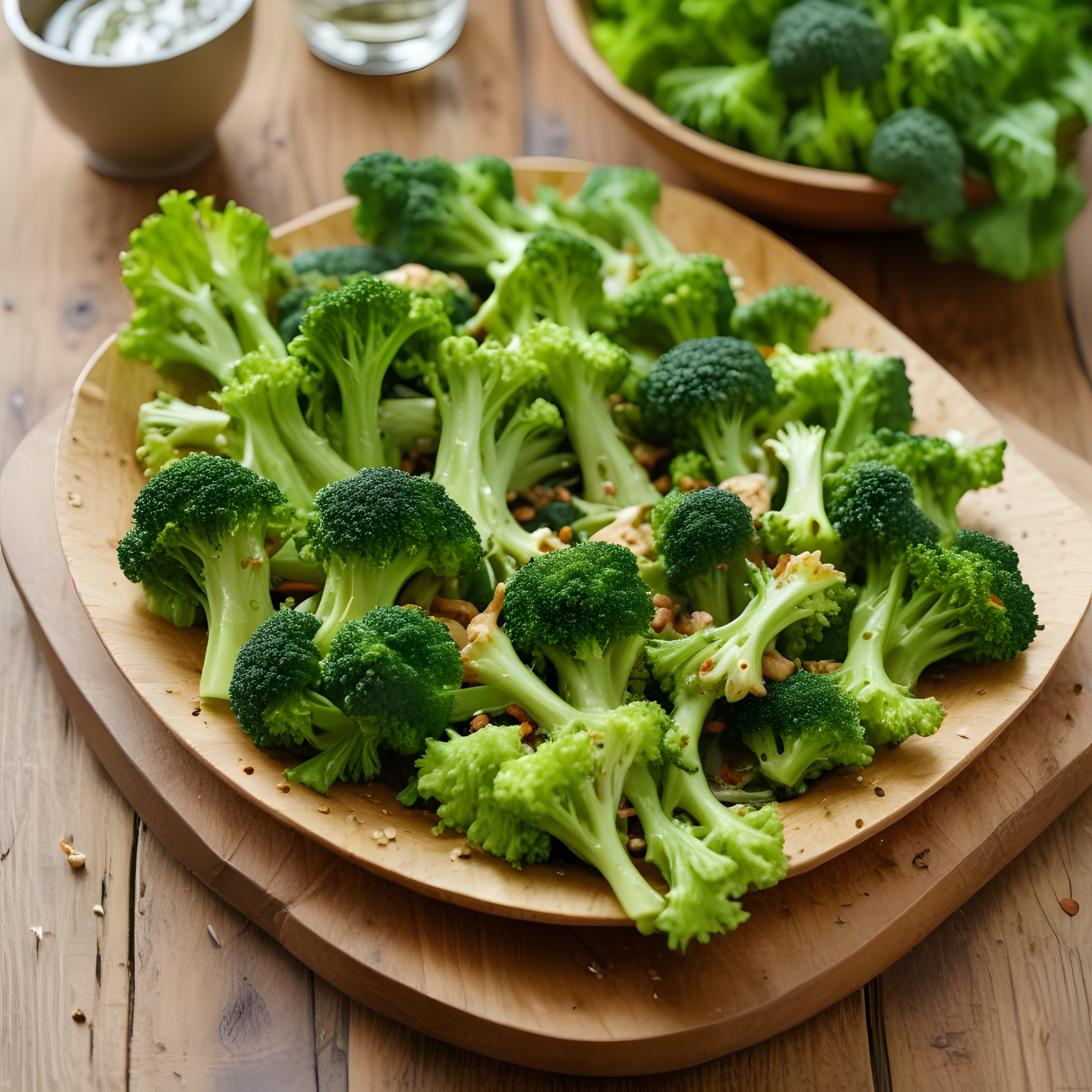 Ahşap Sunum Tabağında Taze Brokoli Salatası ve Sağlıklı Atıştırmalık