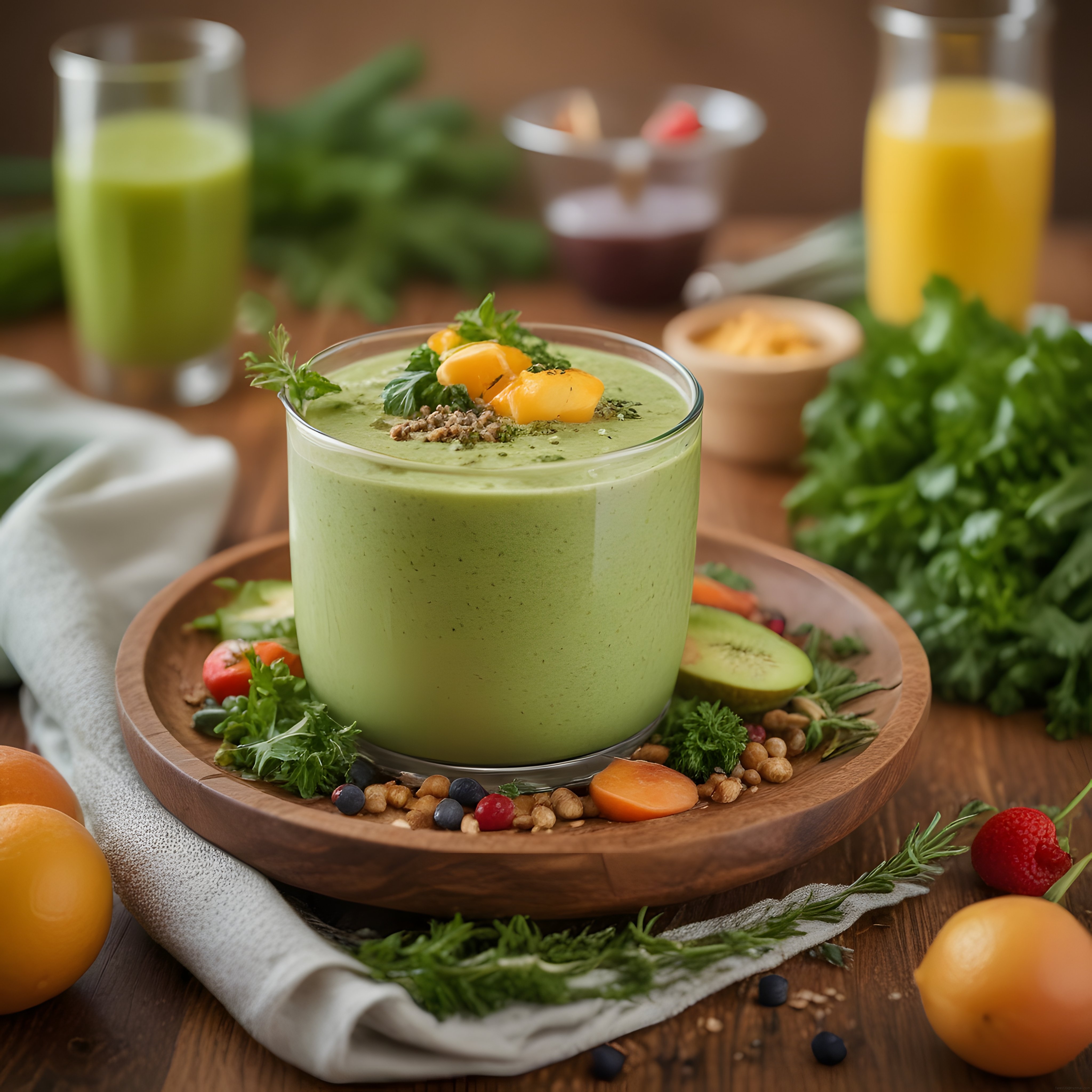 Ahşap Sunum Tabağında Taze Meyveli ve Yeşillikli Sağlıklı Smoothie Kasesi