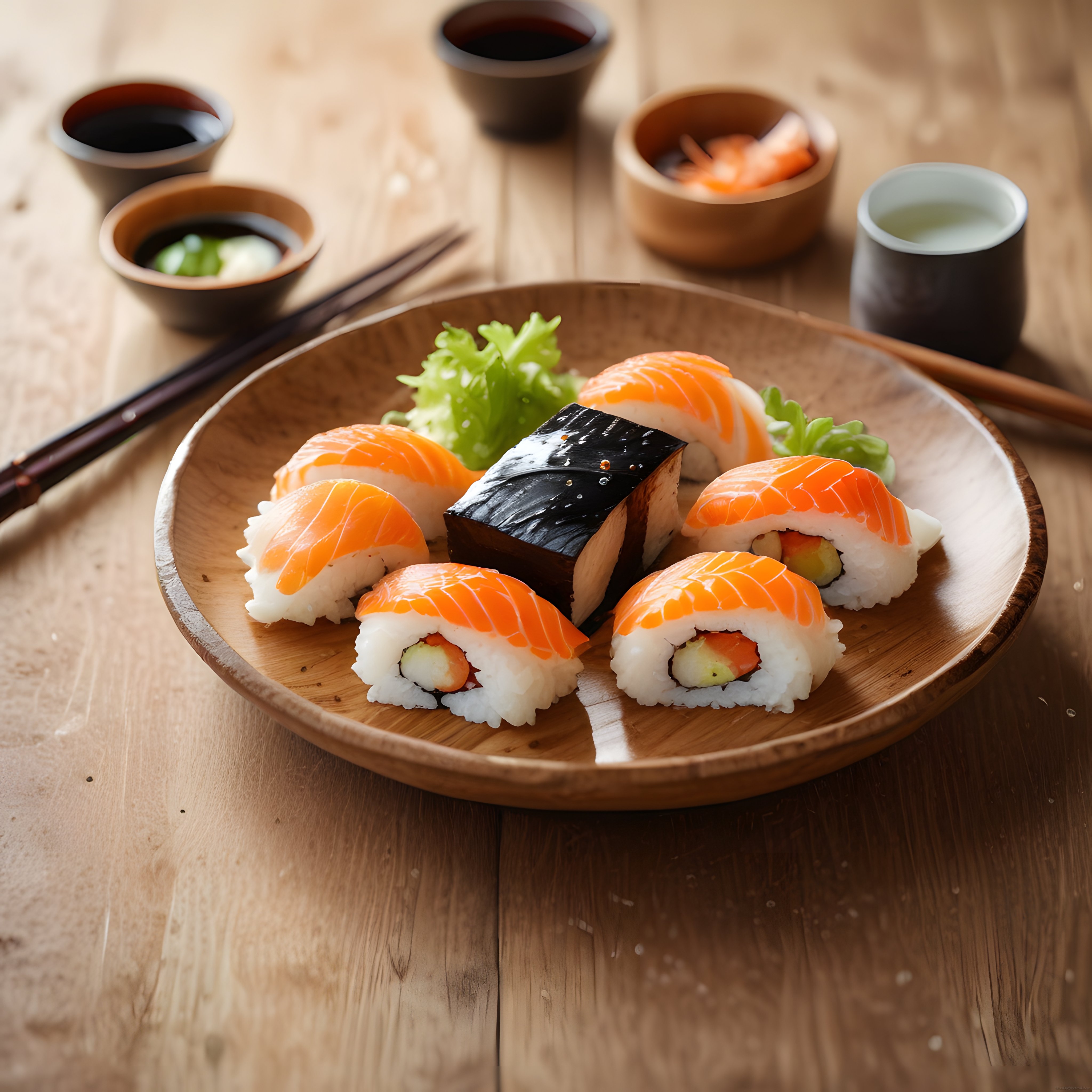 Ahşap Sunum Tabağında Taze Somon Nigiri ve Maki Sushi Çeşitleri