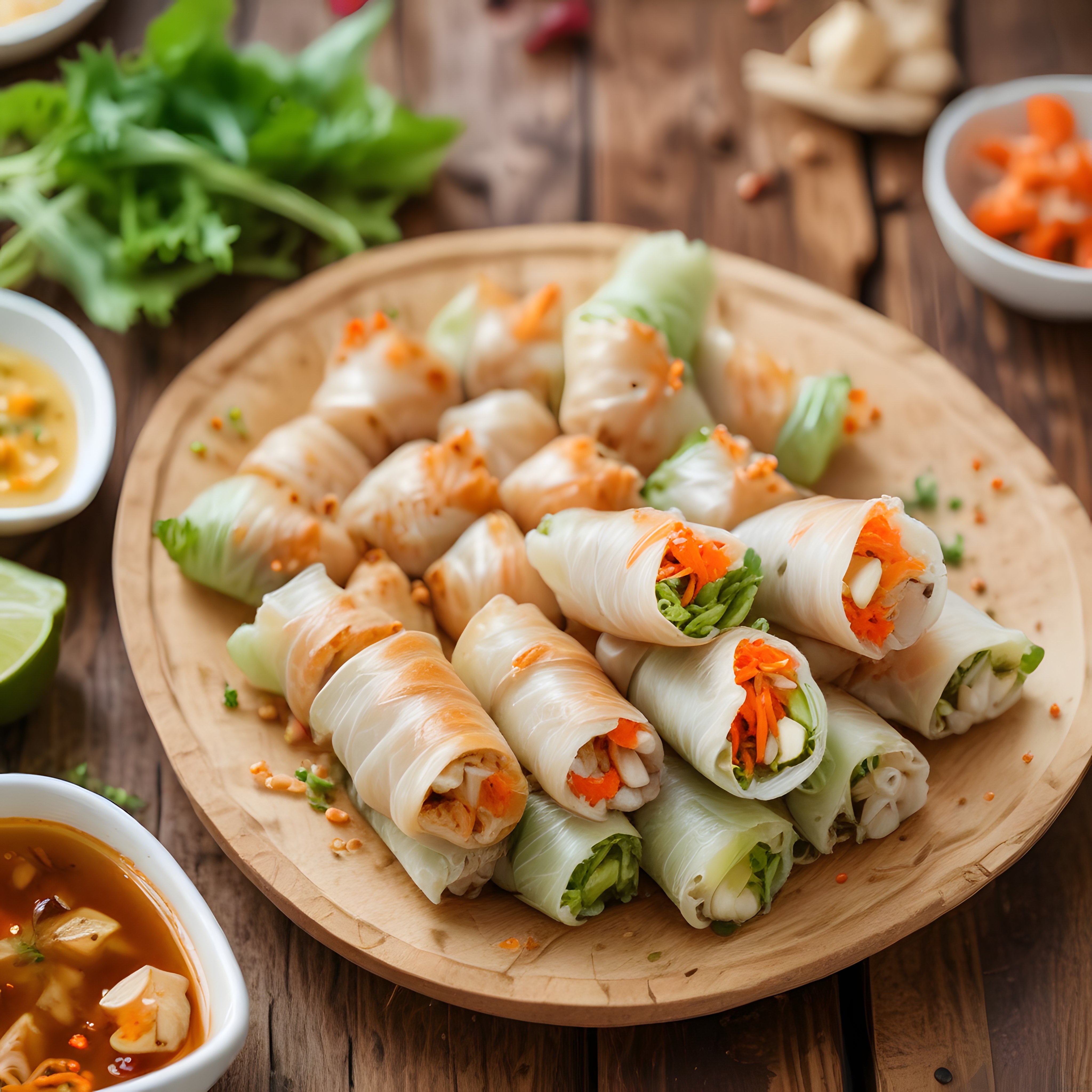Ahşap Sunum Tabağında Vietnam Usulü Taze Sebzeli Yazma Ruloları ve Dip Sosları