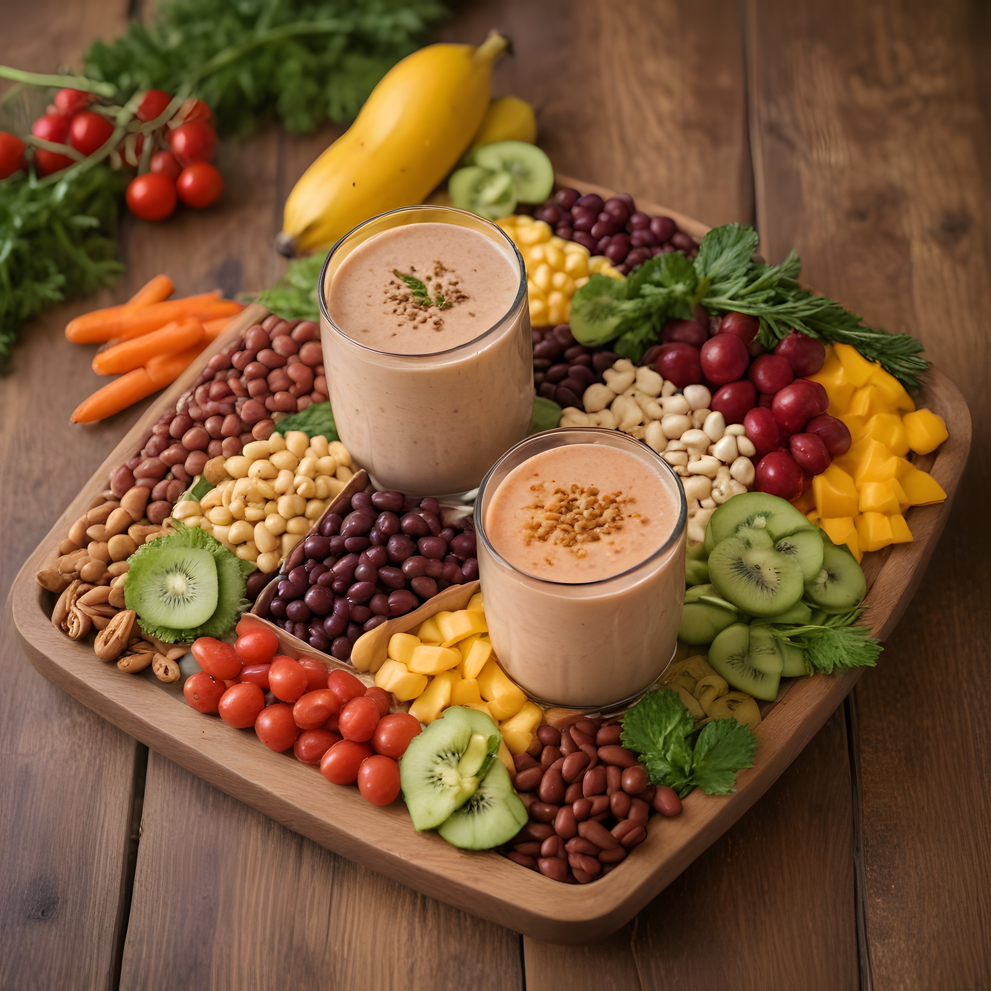 Ahşap Sunum Tabağında Vitamin Dolu Smoothie ve Sağlıklı Atıştırmalıklar