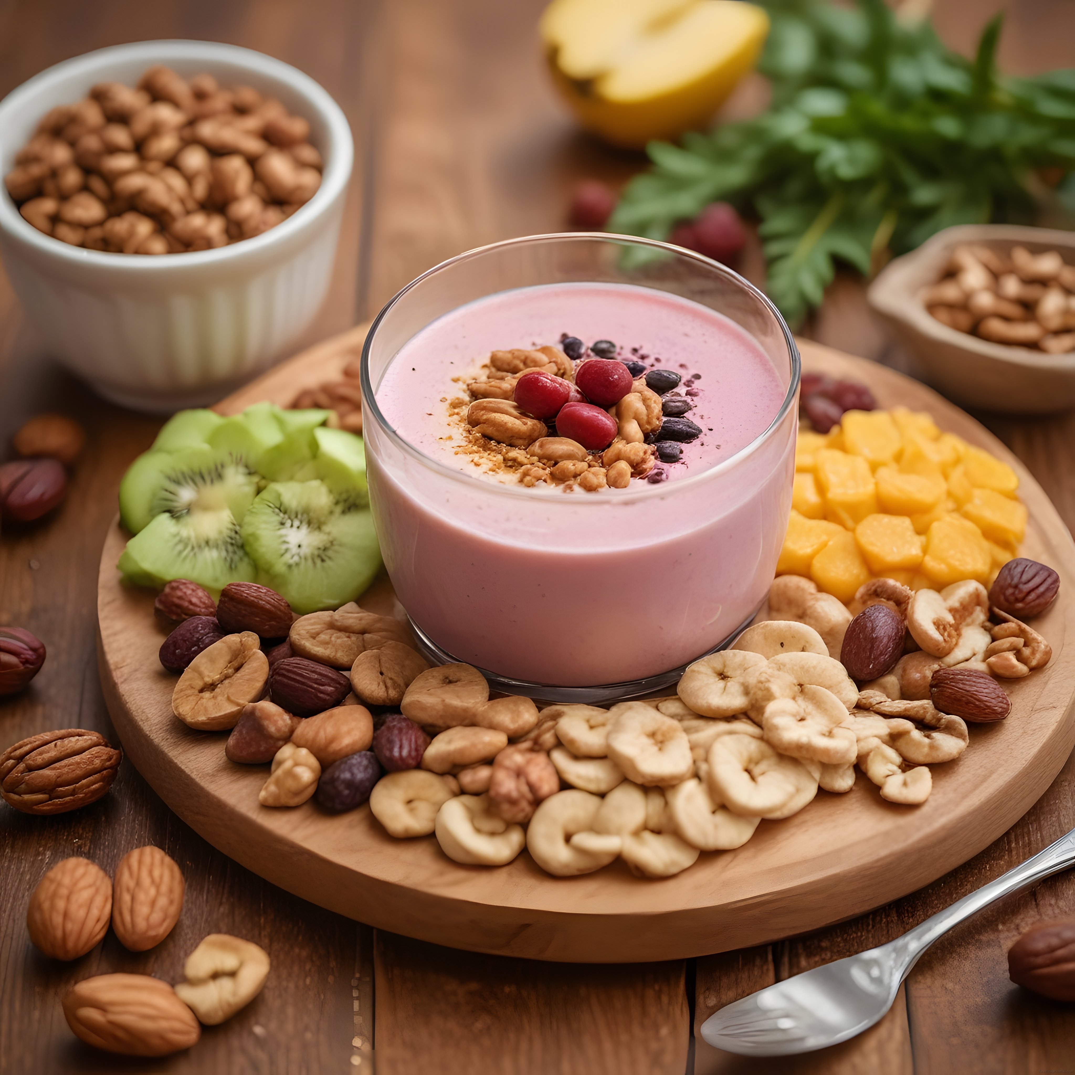 Ahşap Sunum Tabağında Yoğurtlu Smoothie Kasesi ve Taze Meyveli Atıştırmalık