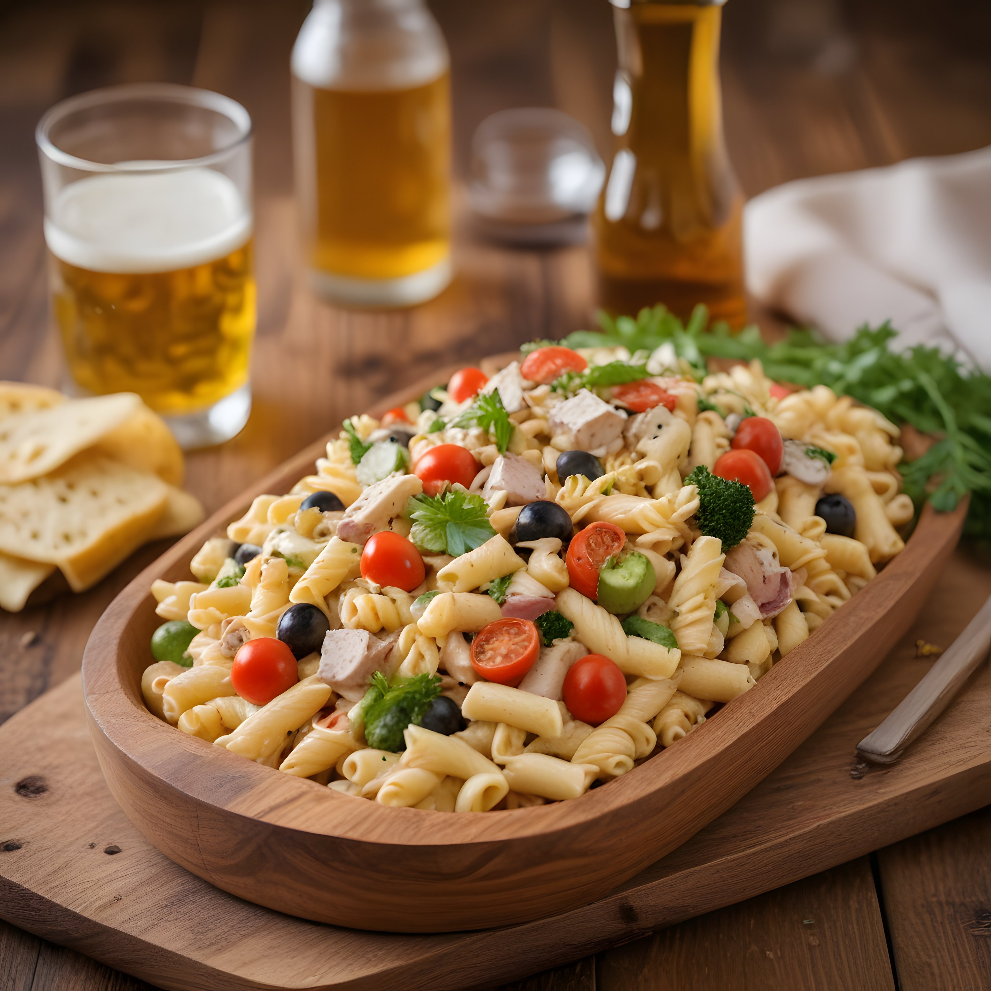 Ahşap Sunum Tabağında Zengin Garnitürlü Makarna Salatası ve Bira Eşliği