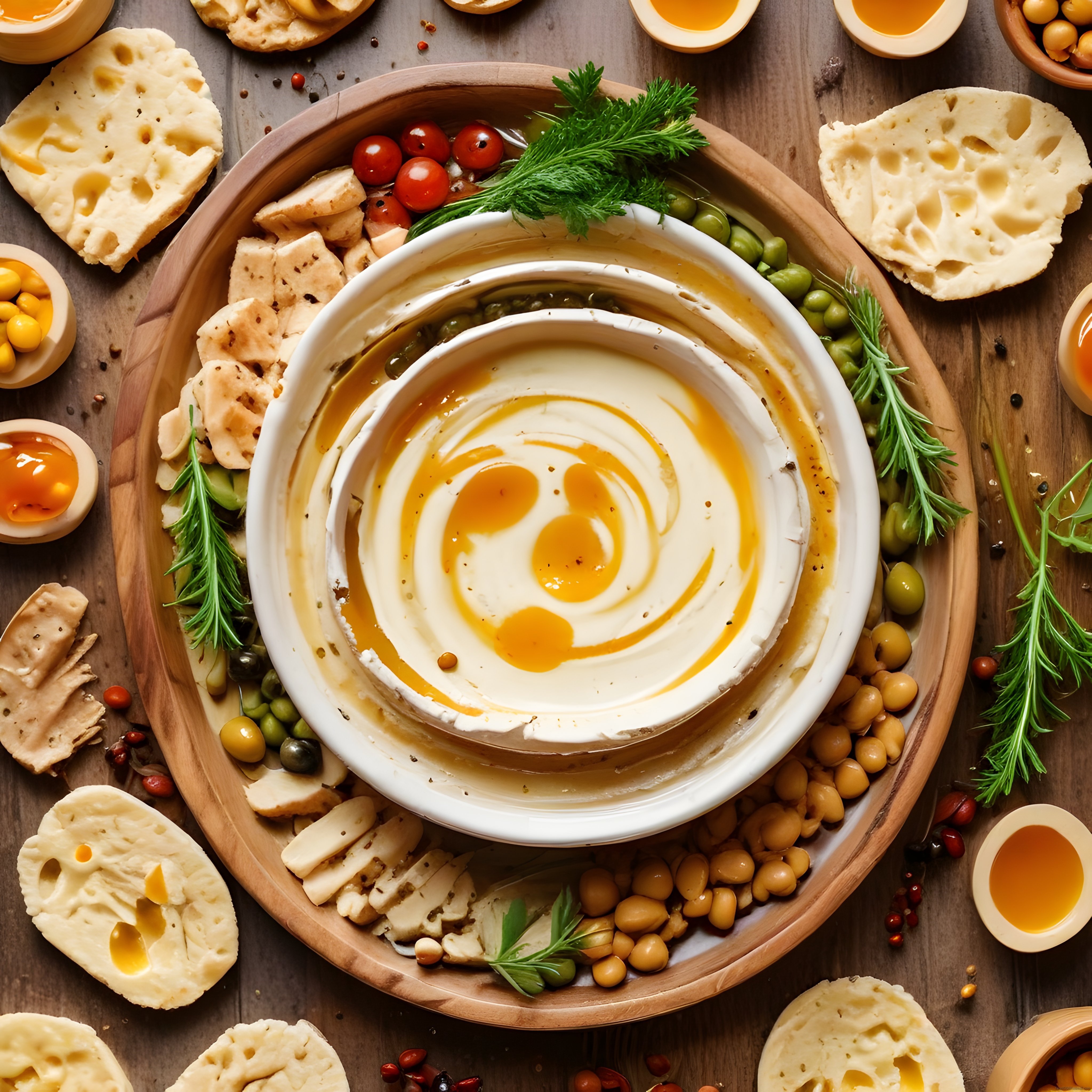 Ahşap Sunum Tabağında Zeytinyağlı Humus ve Kahvaltılık Lezzetler