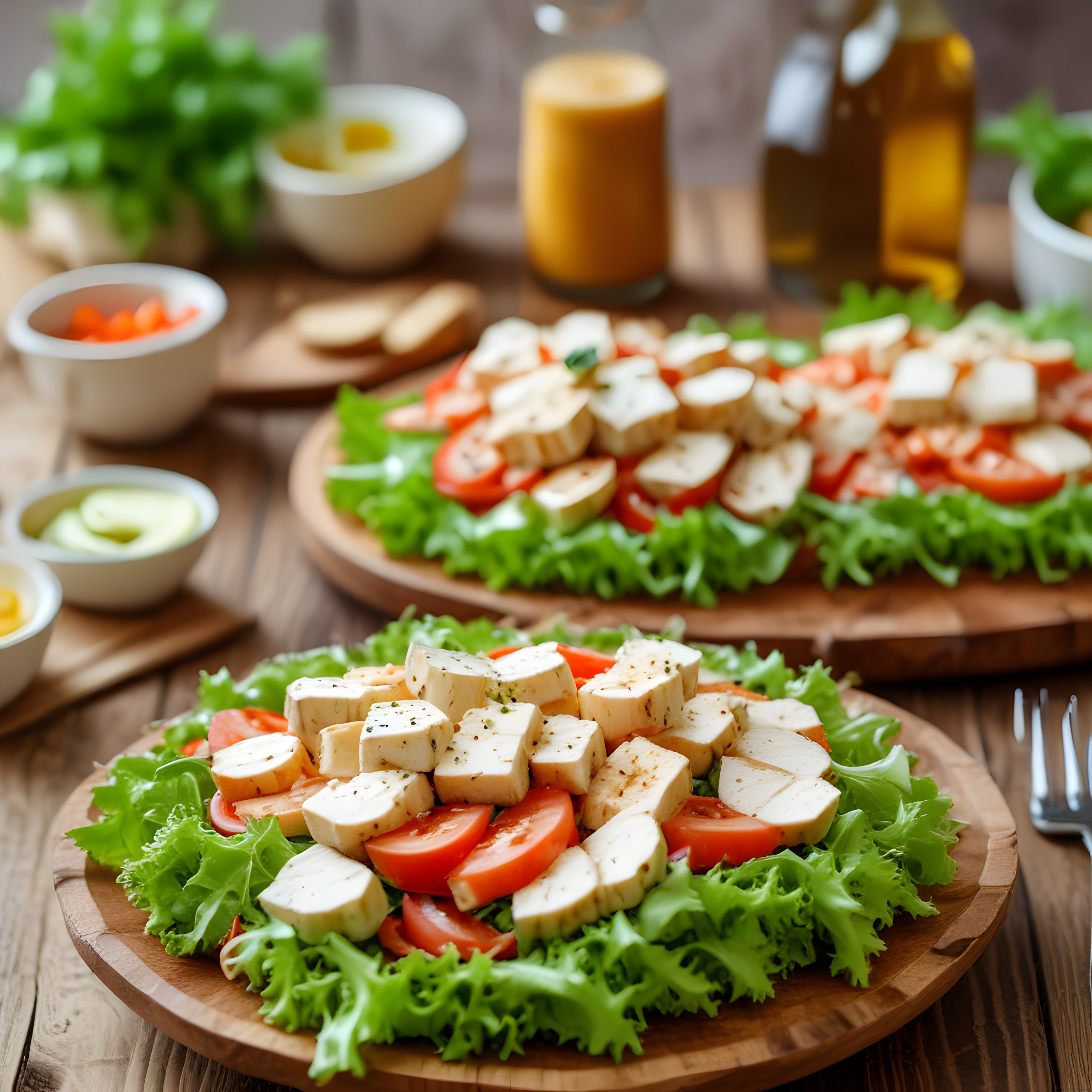 ahşap sunum tahtalarında taze salata ve sağlıklı kahvaltı sofrası