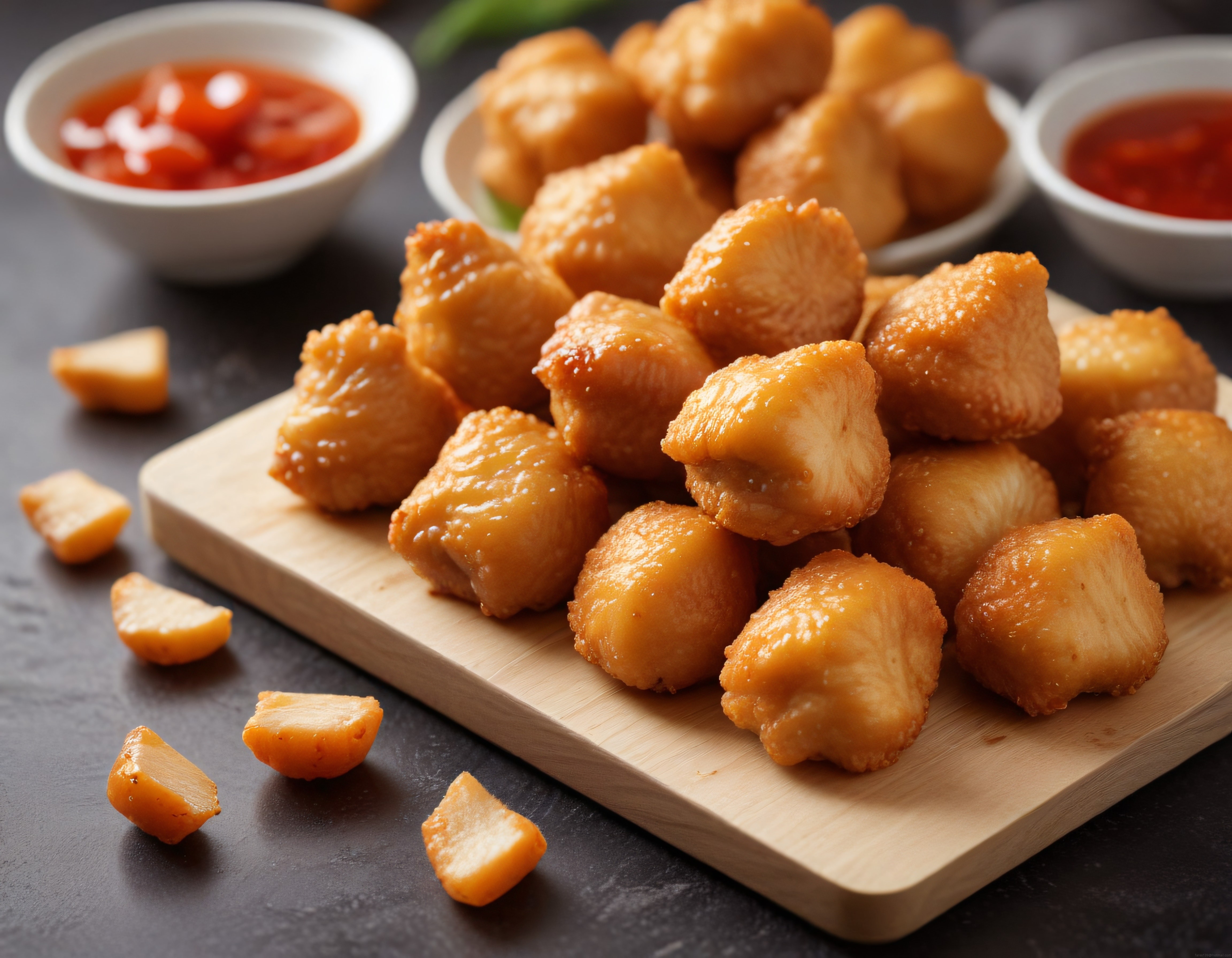 Ahşap Sunum Tahtası Üzerinde Altın Rengi Çıtır Tavuk Nuggets ve Soslar