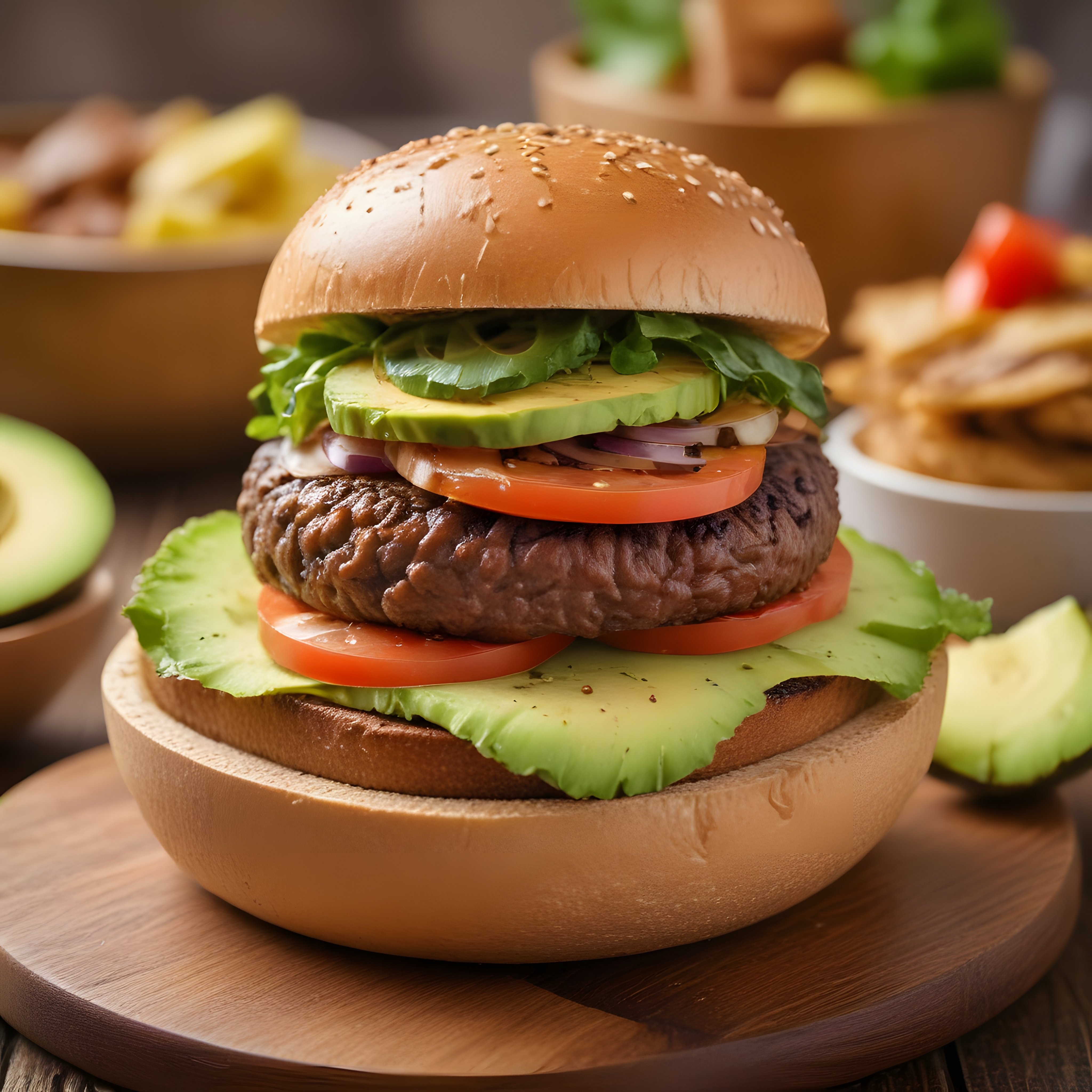 Ahşap Sunum Tahtası Üzerinde Avokadolu Ev Yapımı Hamburger ve Patates Kızartması