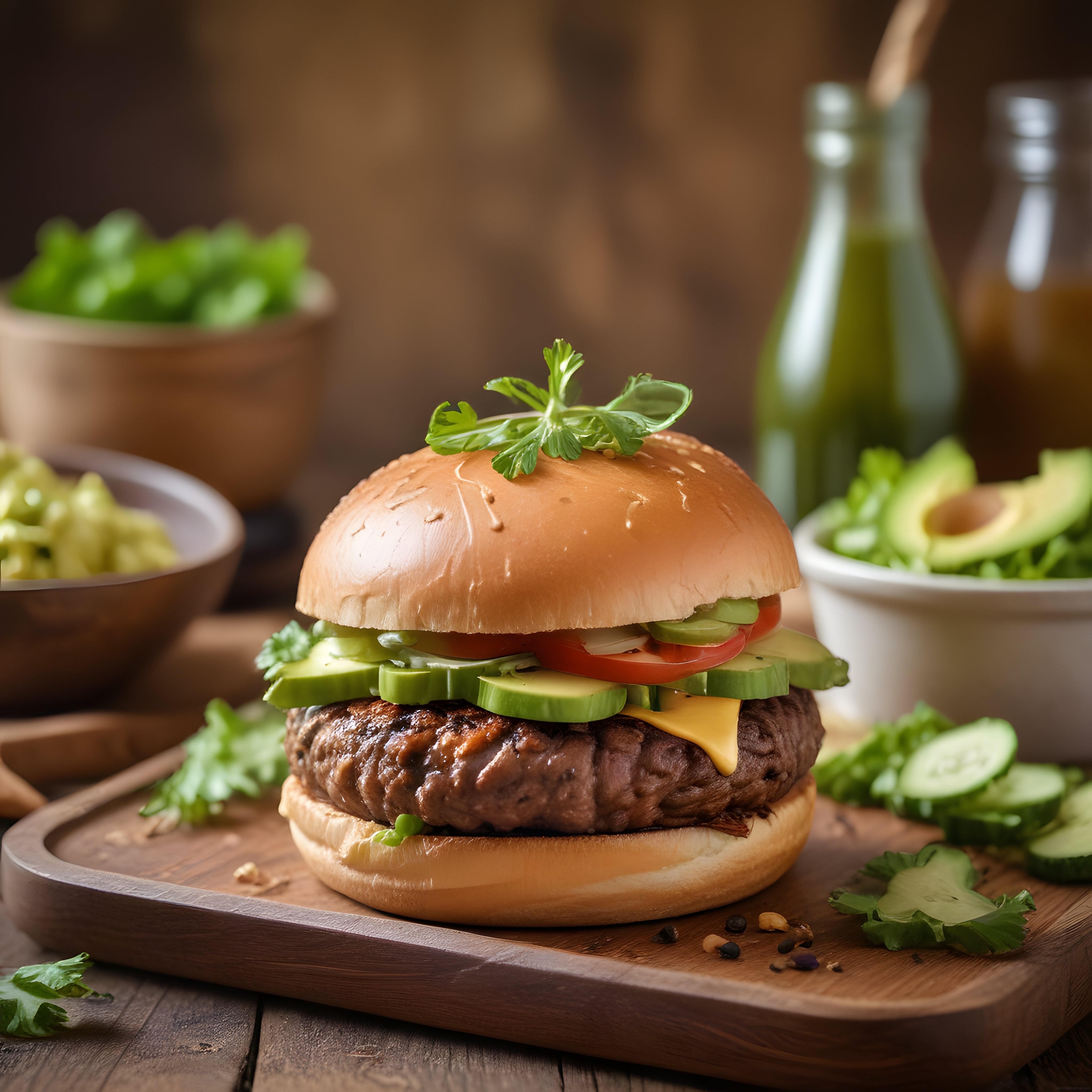 Ahşap Sunum Tahtası Üzerinde Avokadolu Nefis Ev Yapımı Hamburger