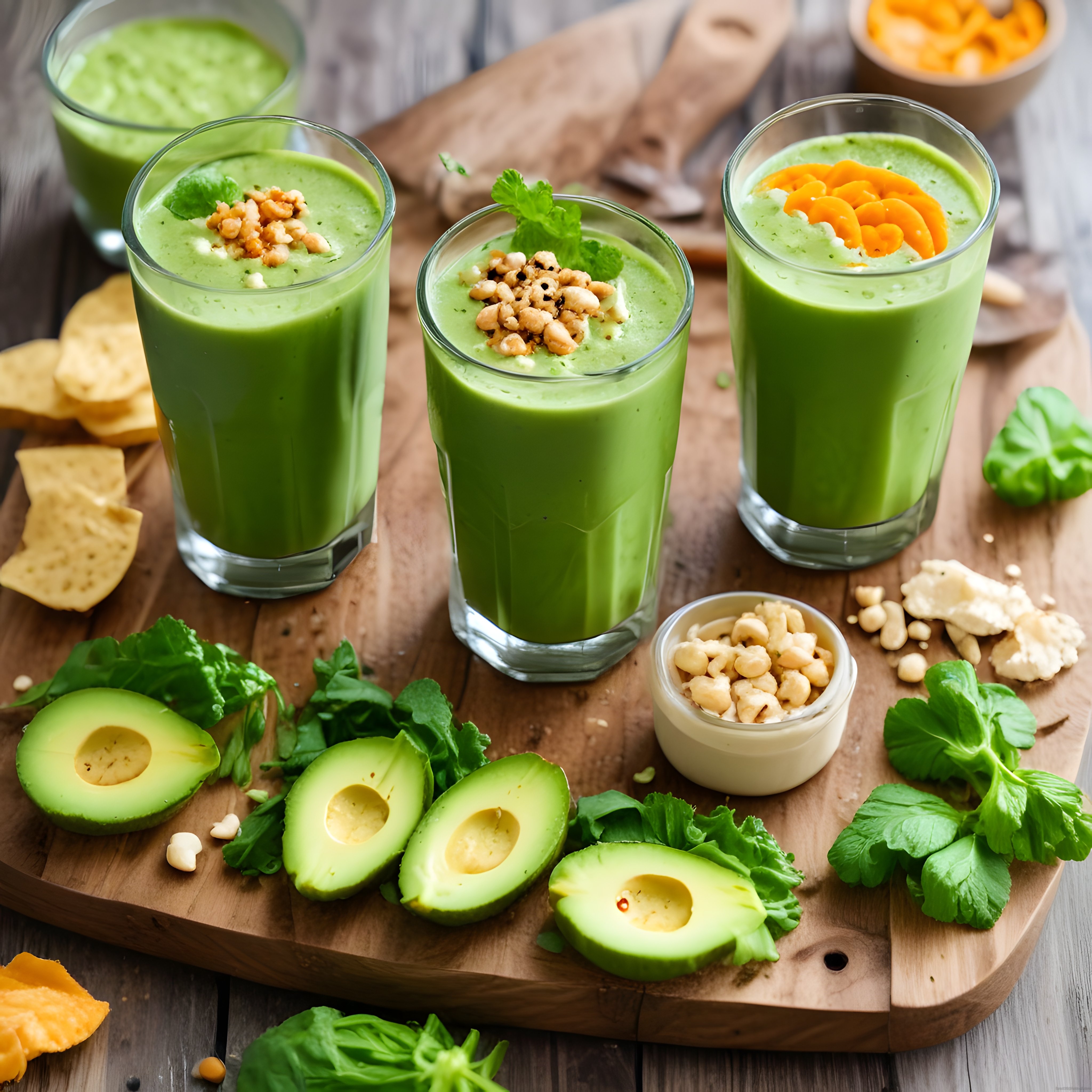 Ahşap Sunum Tahtası Üzerinde Avokadolu Yeşil Smoothie ve Kuruyemişler