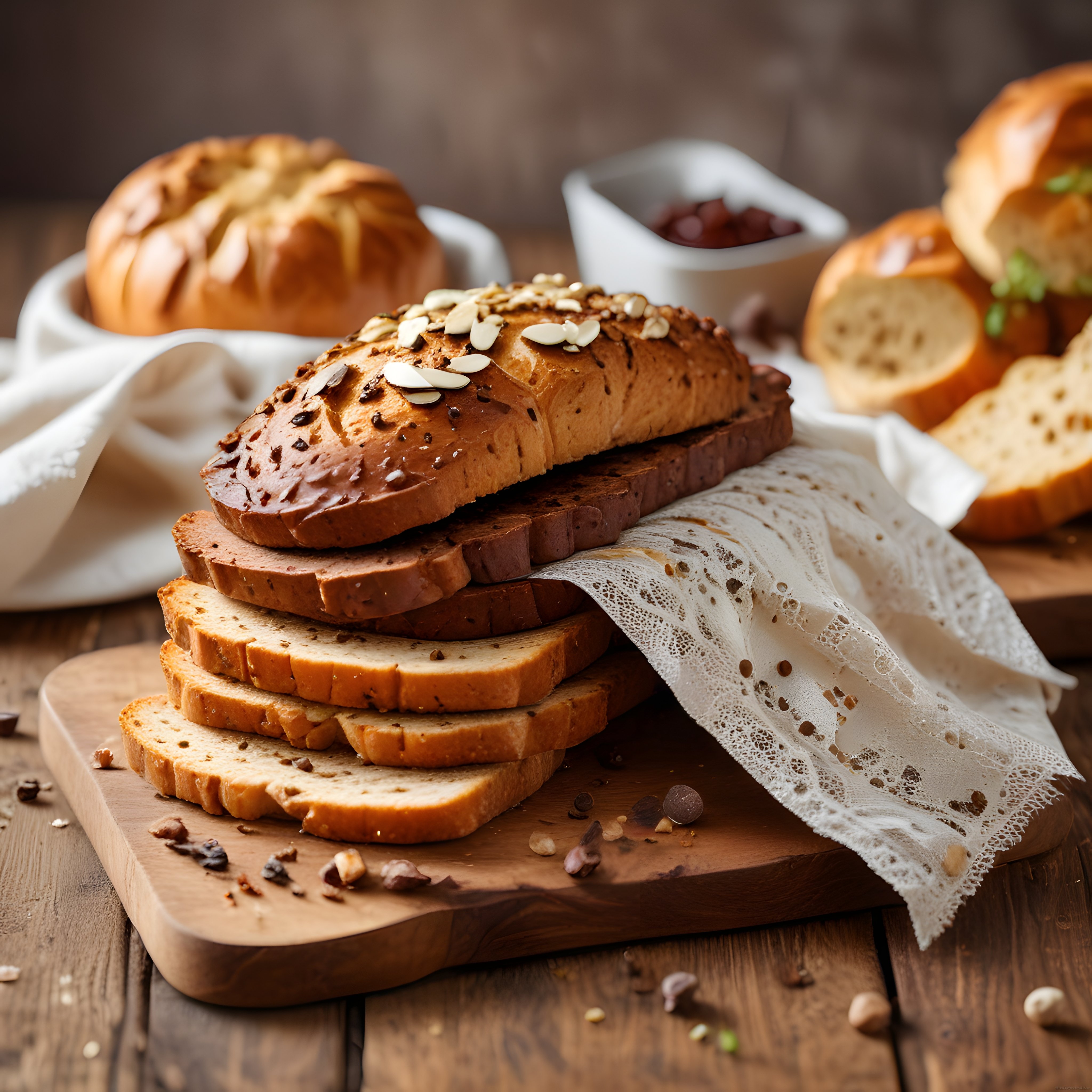 Ahşap Sunum Tahtası Üzerinde Bademli Kek Dilimleri ve Ekmek Çeşitleri