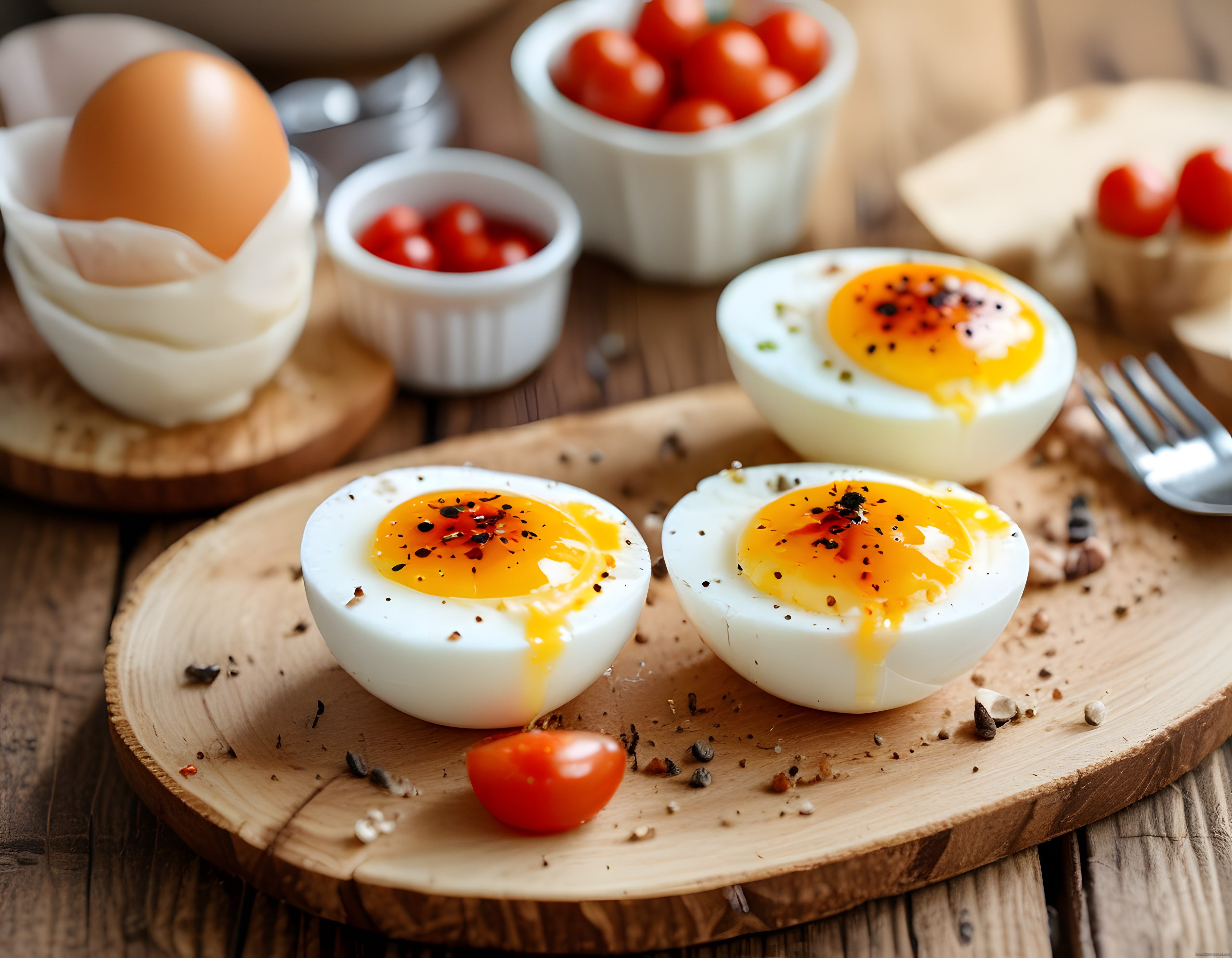 Ahşap Sunum Tahtası Üzerinde Baharatlı Yumuşak Pişmiş Yumurta ve Kiraz Domatesler