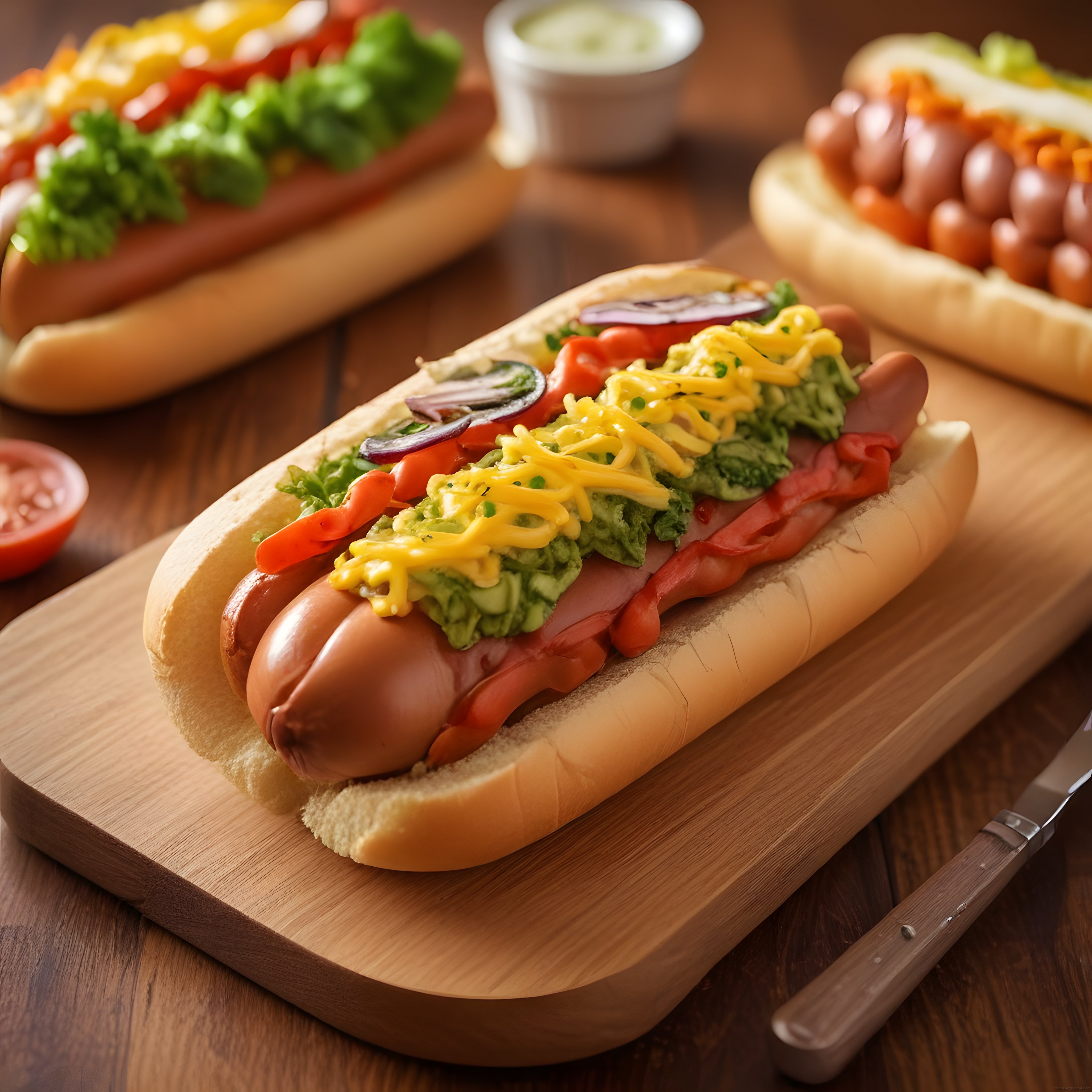 Ahşap Sunum Tahtası Üzerinde Bol Malzemeli Sosisli Hot Dog ve Taze Sebzeler