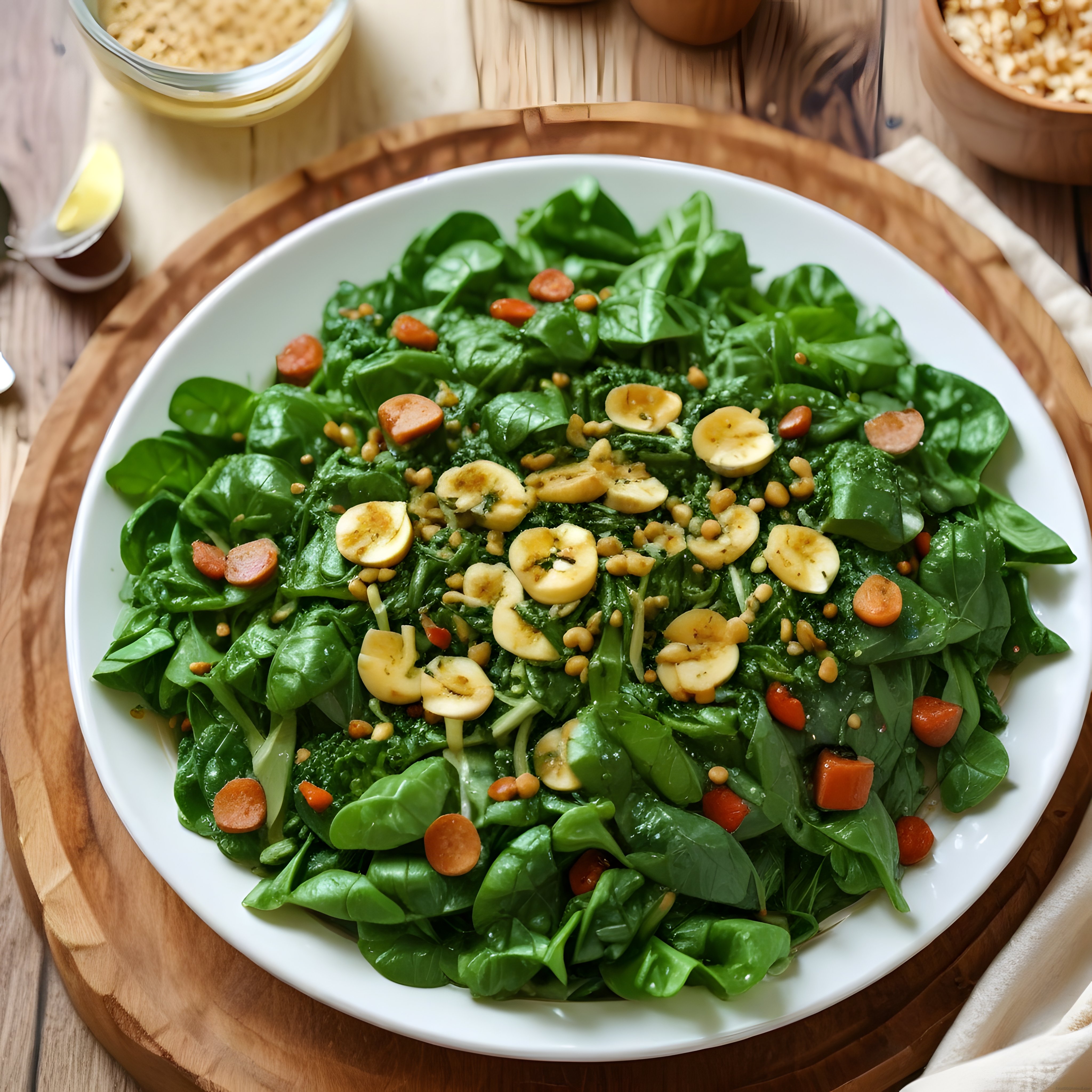 ahşap sunum tahtası üzerinde bol yeşillikli muz dilimli ve pesto soslu taze salata