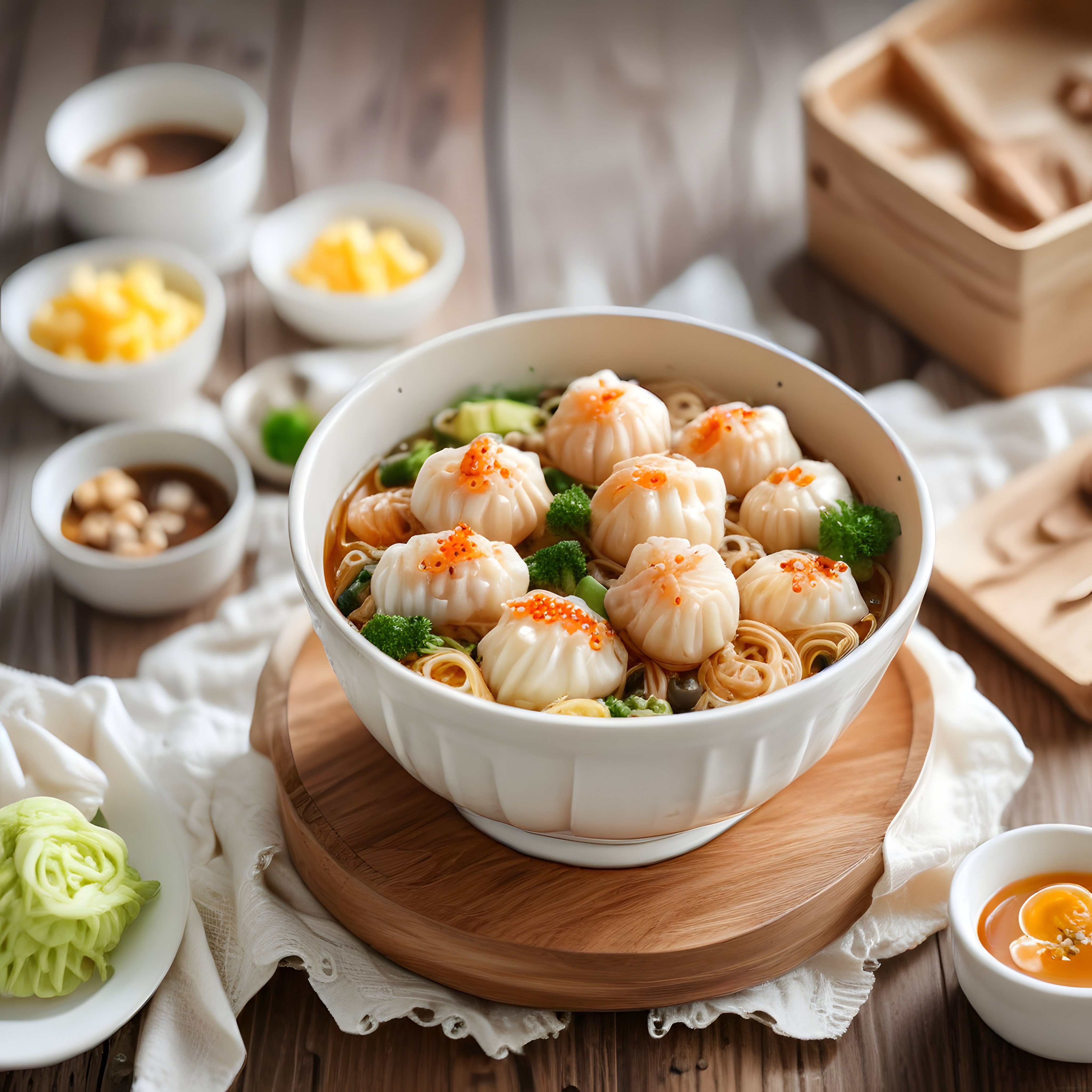Ahşap Sunum Tahtası Üzerinde Buharda Pişirilmiş Dim Sum ve Erişte Kasesi