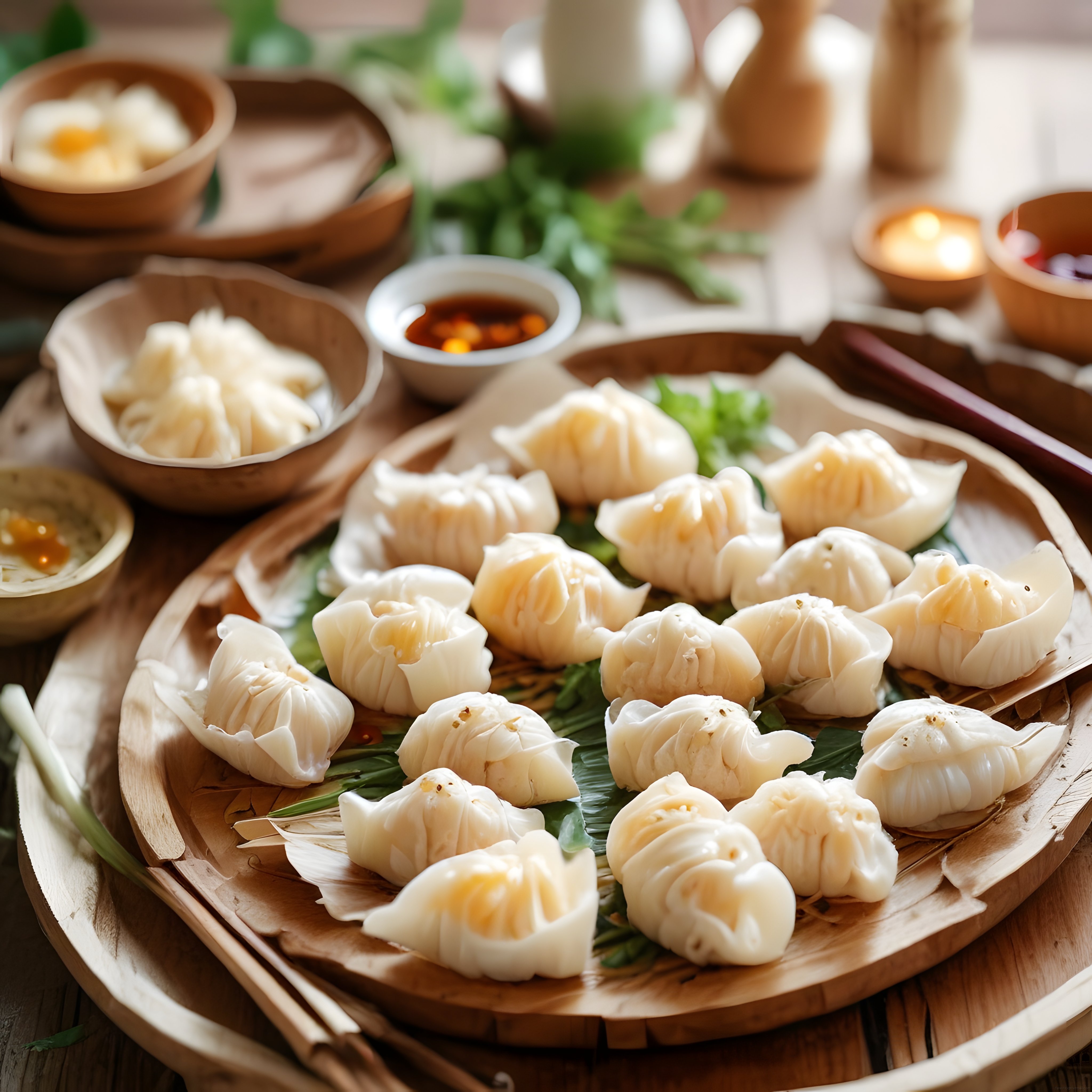 ahşap sunum tahtası üzerinde buharla pişmiş dim sum mantıları ve zen atmosfer