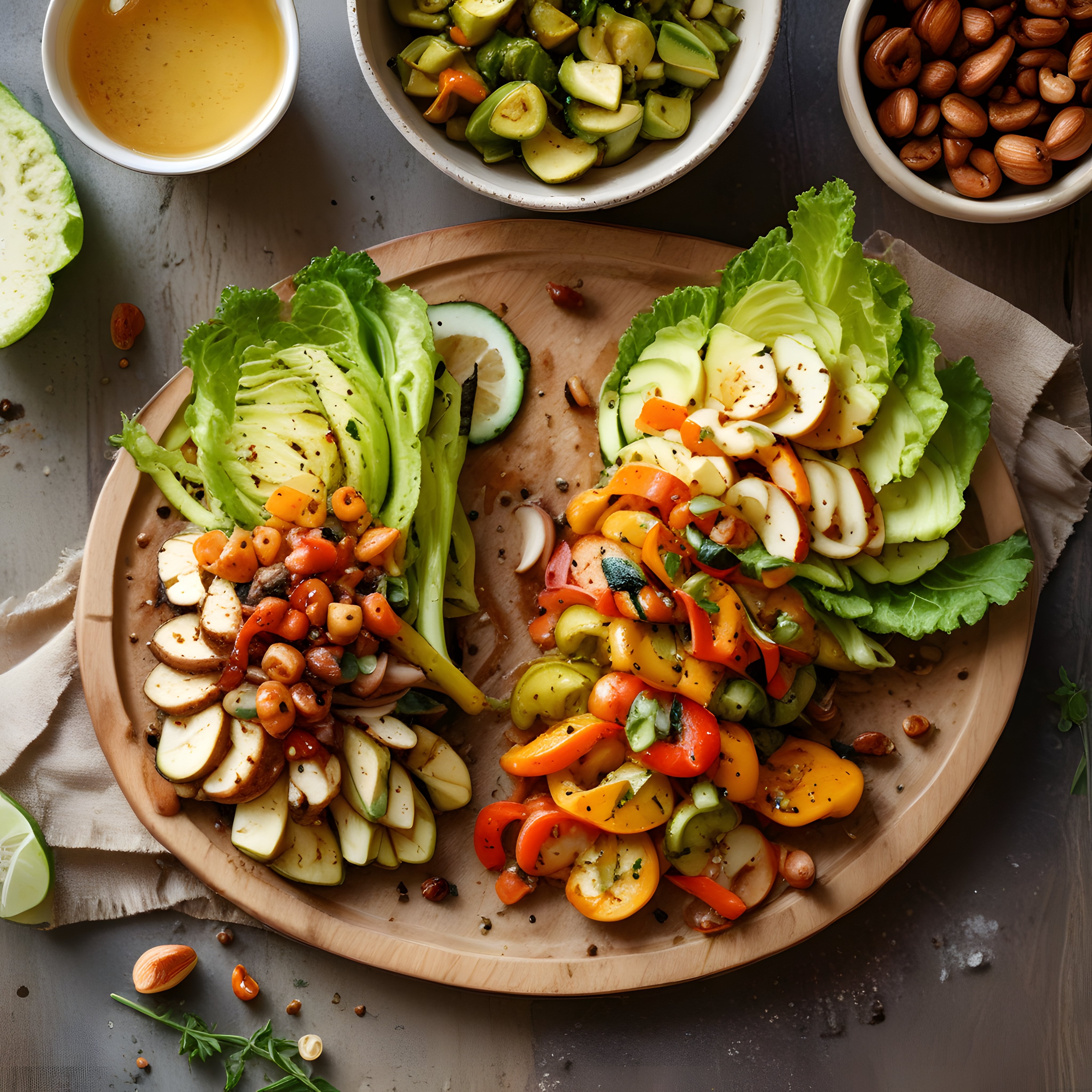 Ahşap sunum tahtası üzerinde çeşitli sebze salataları ve bademli vegan meze