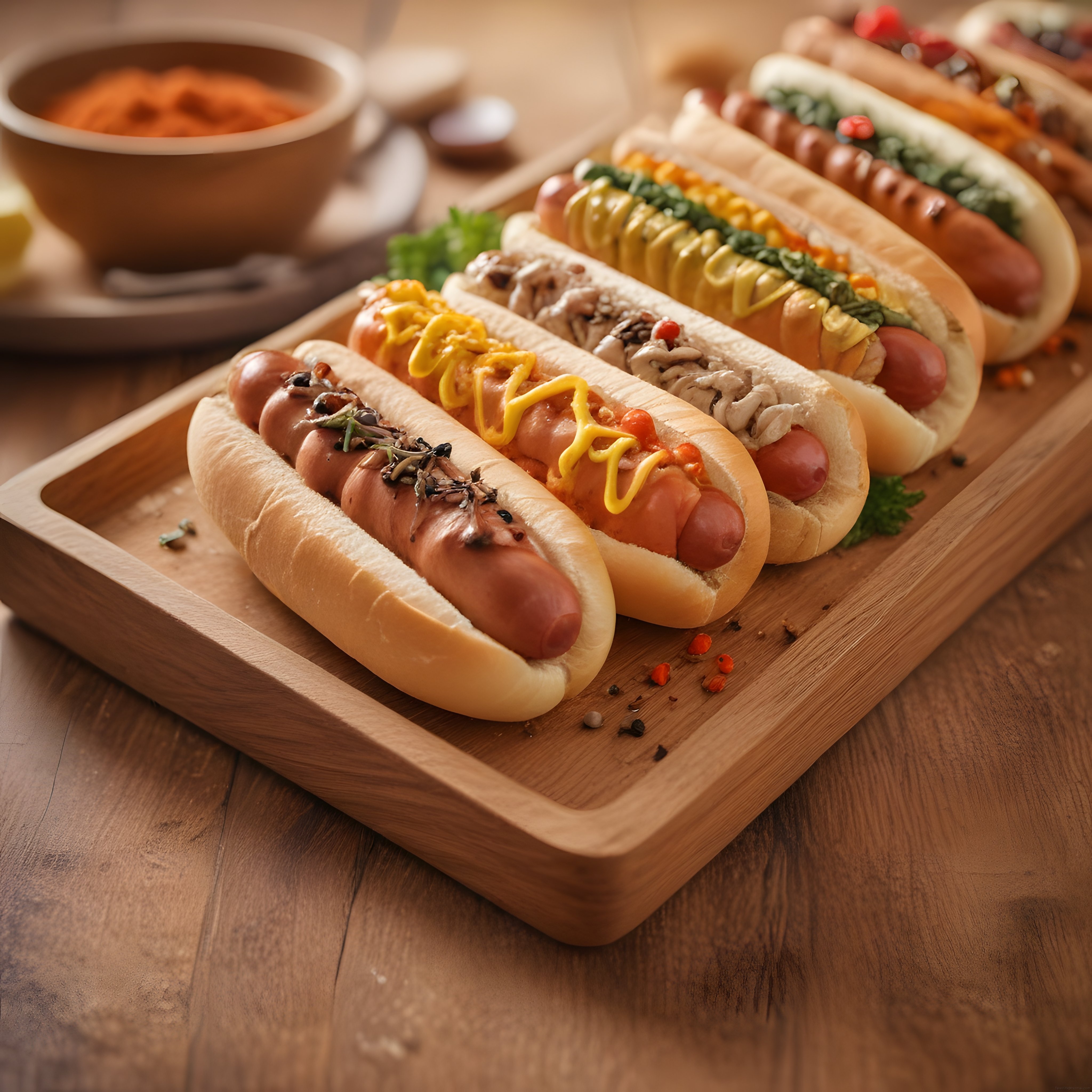 Ahşap sunum tahtası üzerinde çeşitli soslarla süslenmiş klasik hot doglar
