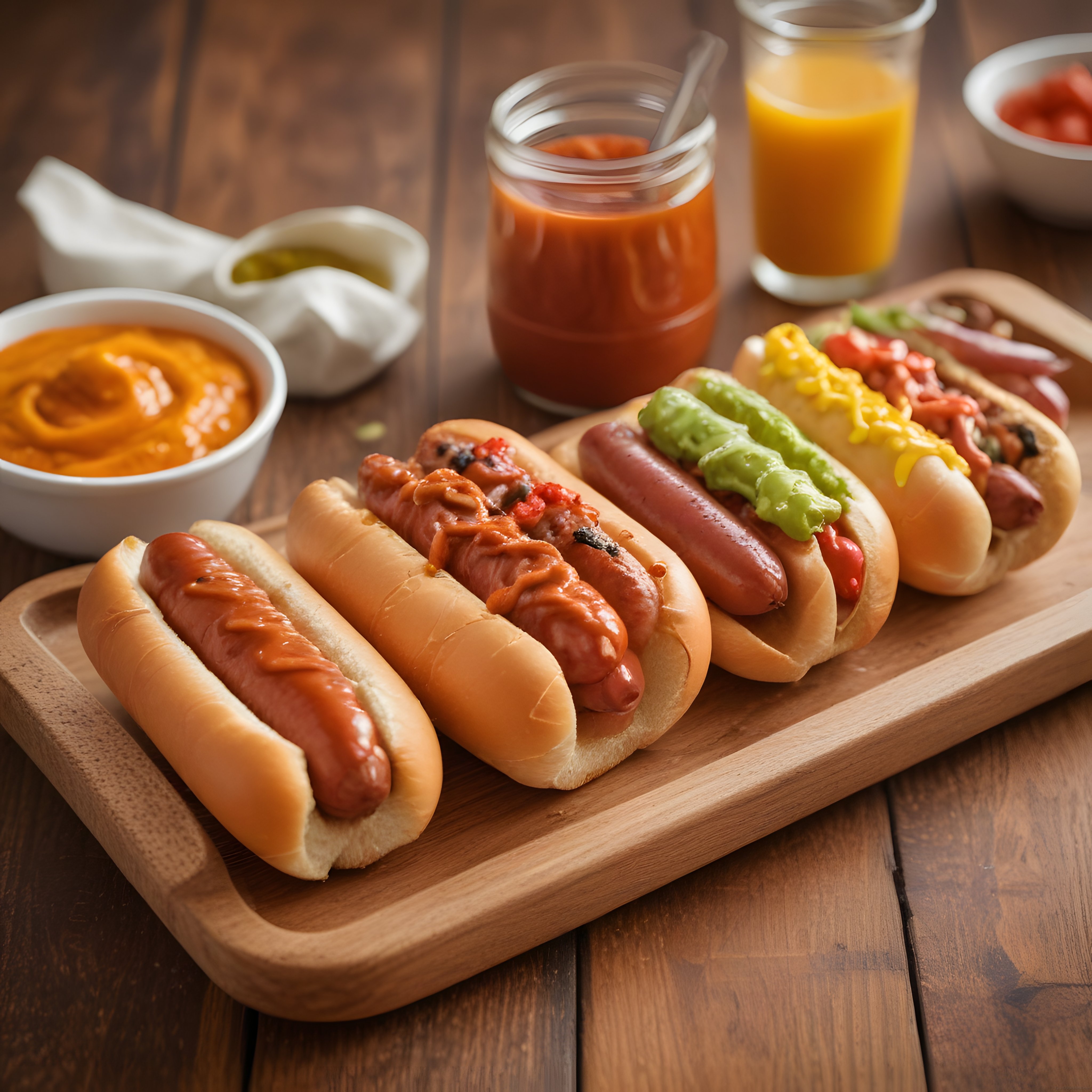 Ahşap Sunum Tahtası Üzerinde Çeşitli Soslarla Süslenmiş Sıcak Hot Doglar
