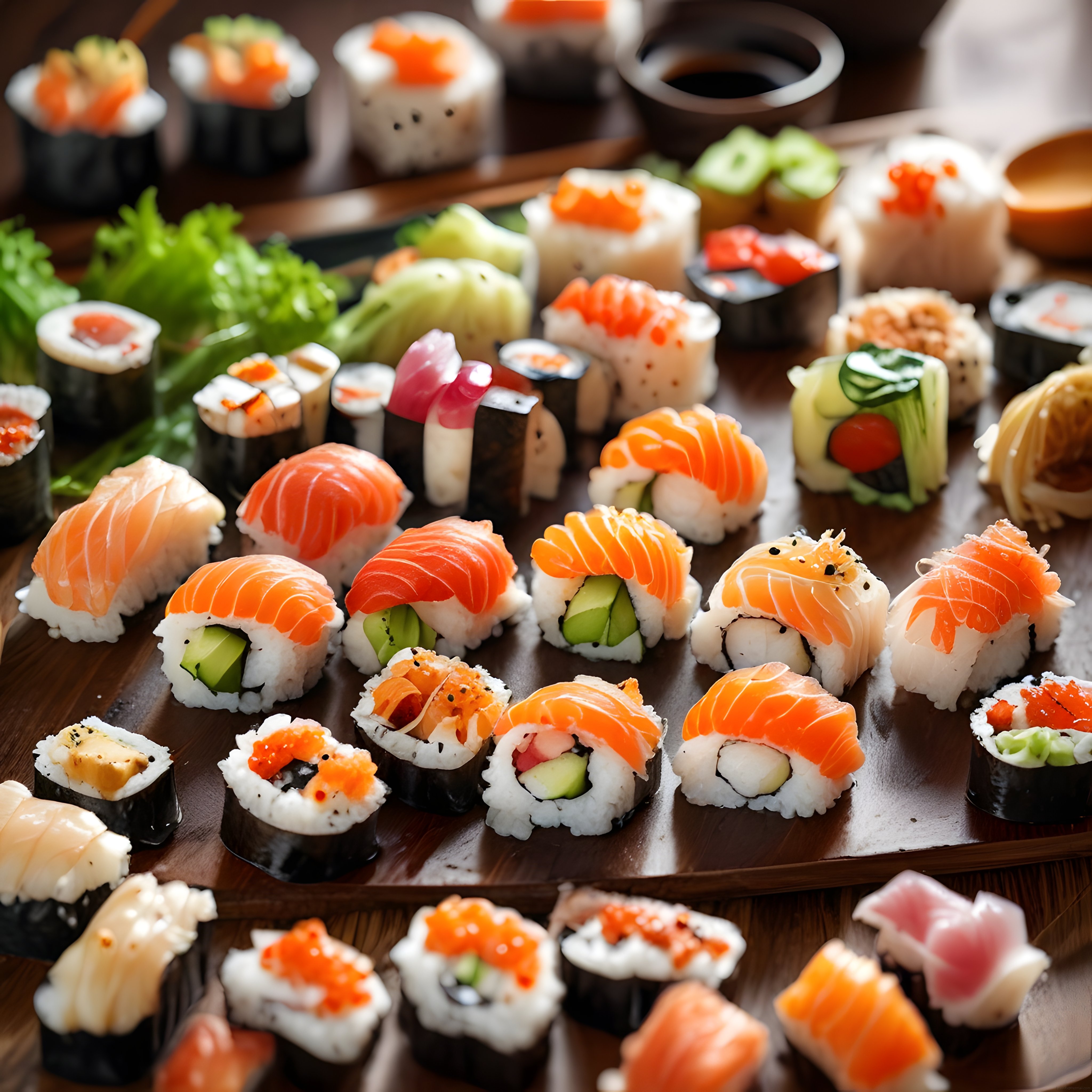 ahşap sunum tahtası üzerinde çeşitli sushi tabağı somonlu nigiri ve makiler