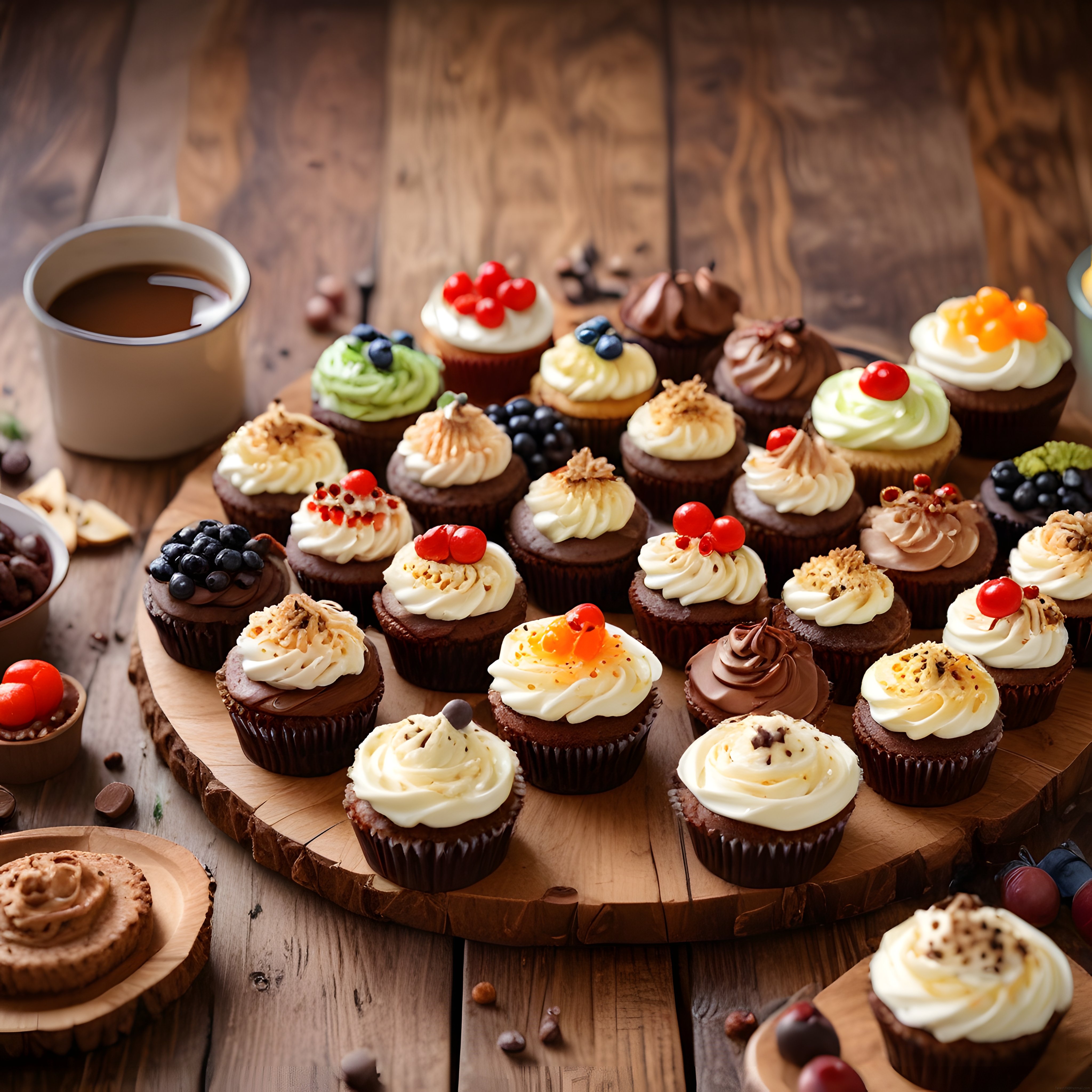 Ahşap Sunum Tahtası Üzerinde Çeşitli Süslü Cupcake ve Kahve Eşliği