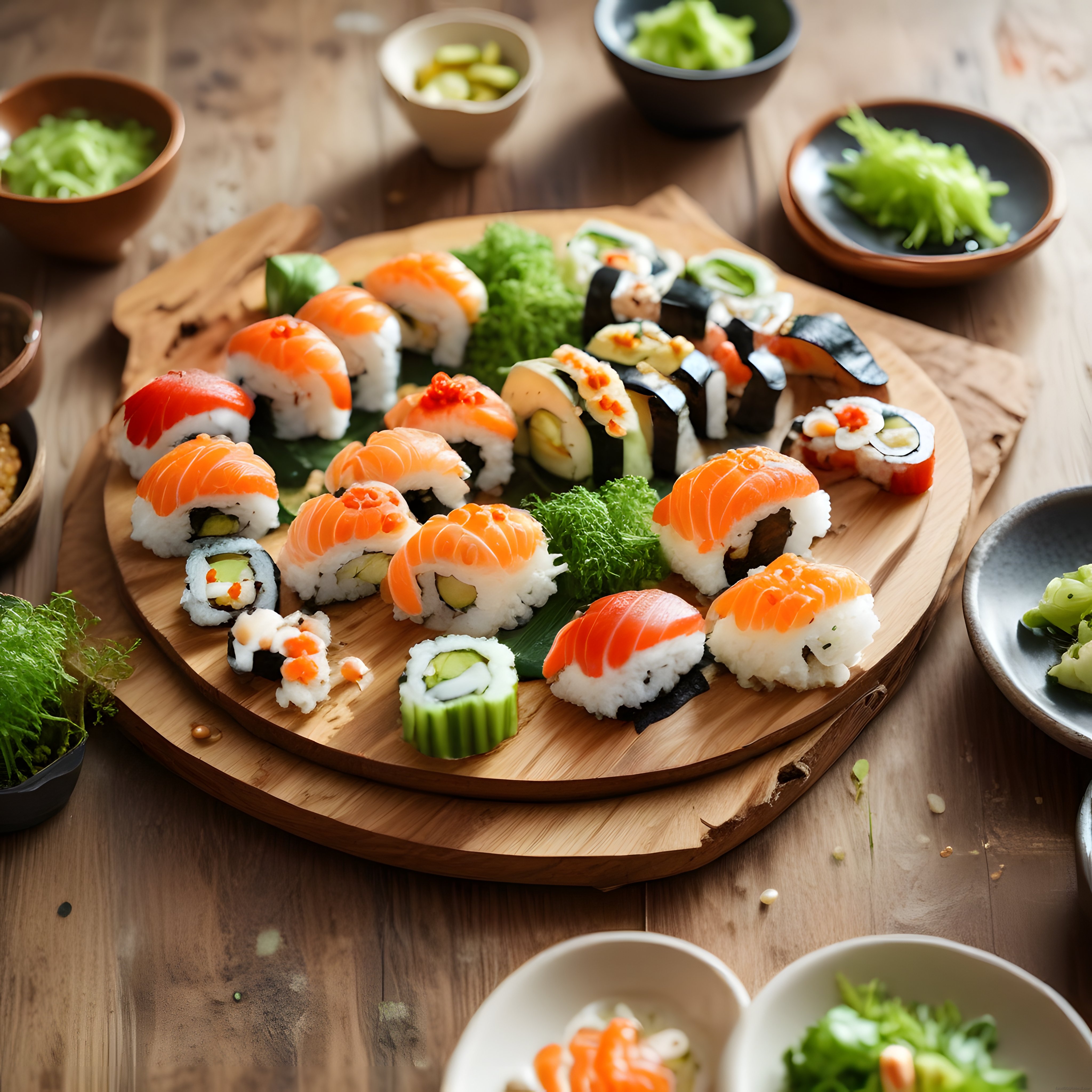 Ahşap Sunum Tahtası Üzerinde Çeşitli ve Taze Sushi Çeşitleri ile Japon Mutfağı