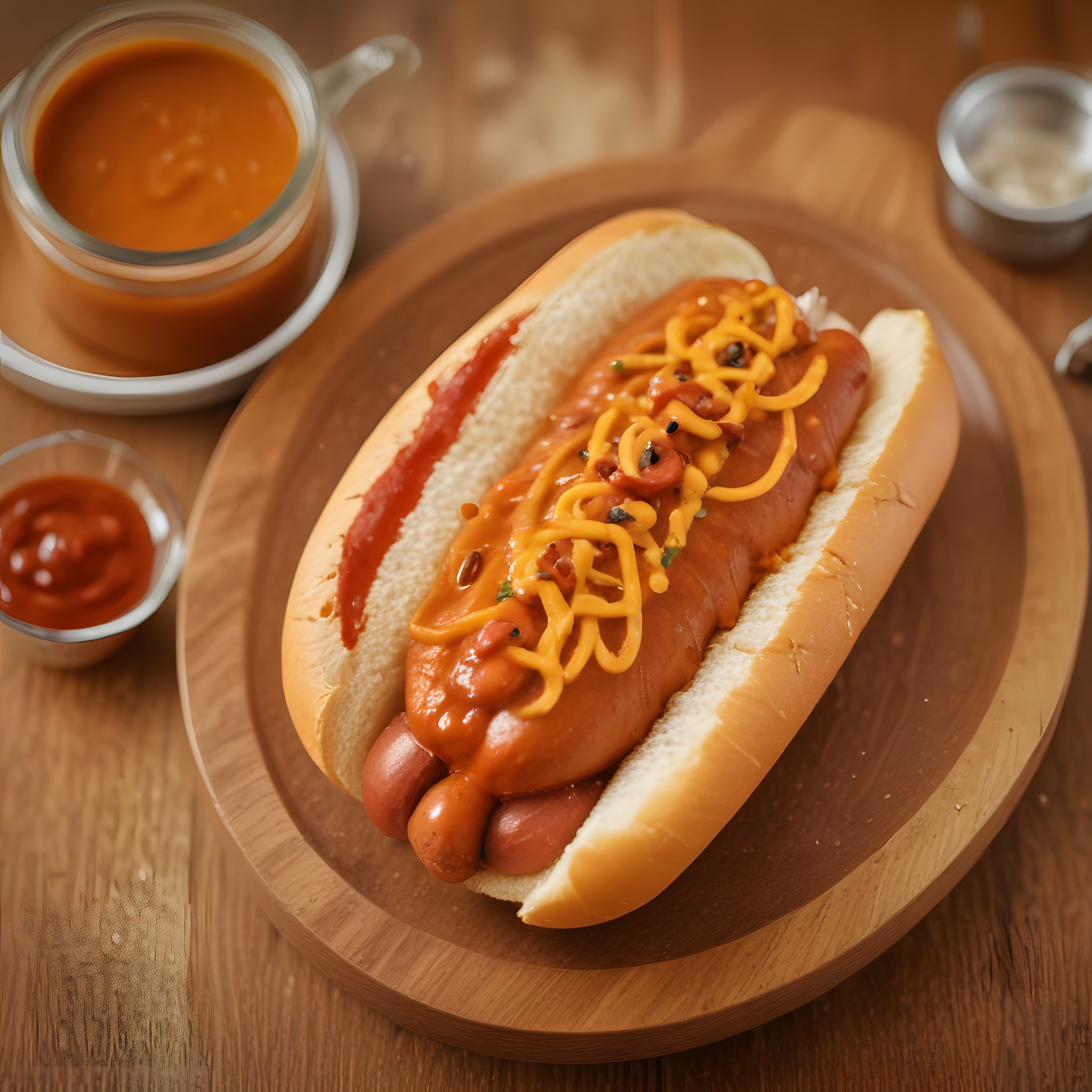 Ahşap sunum tahtası üzerinde cheddar peynirli ve çili soslu nefis hot dog