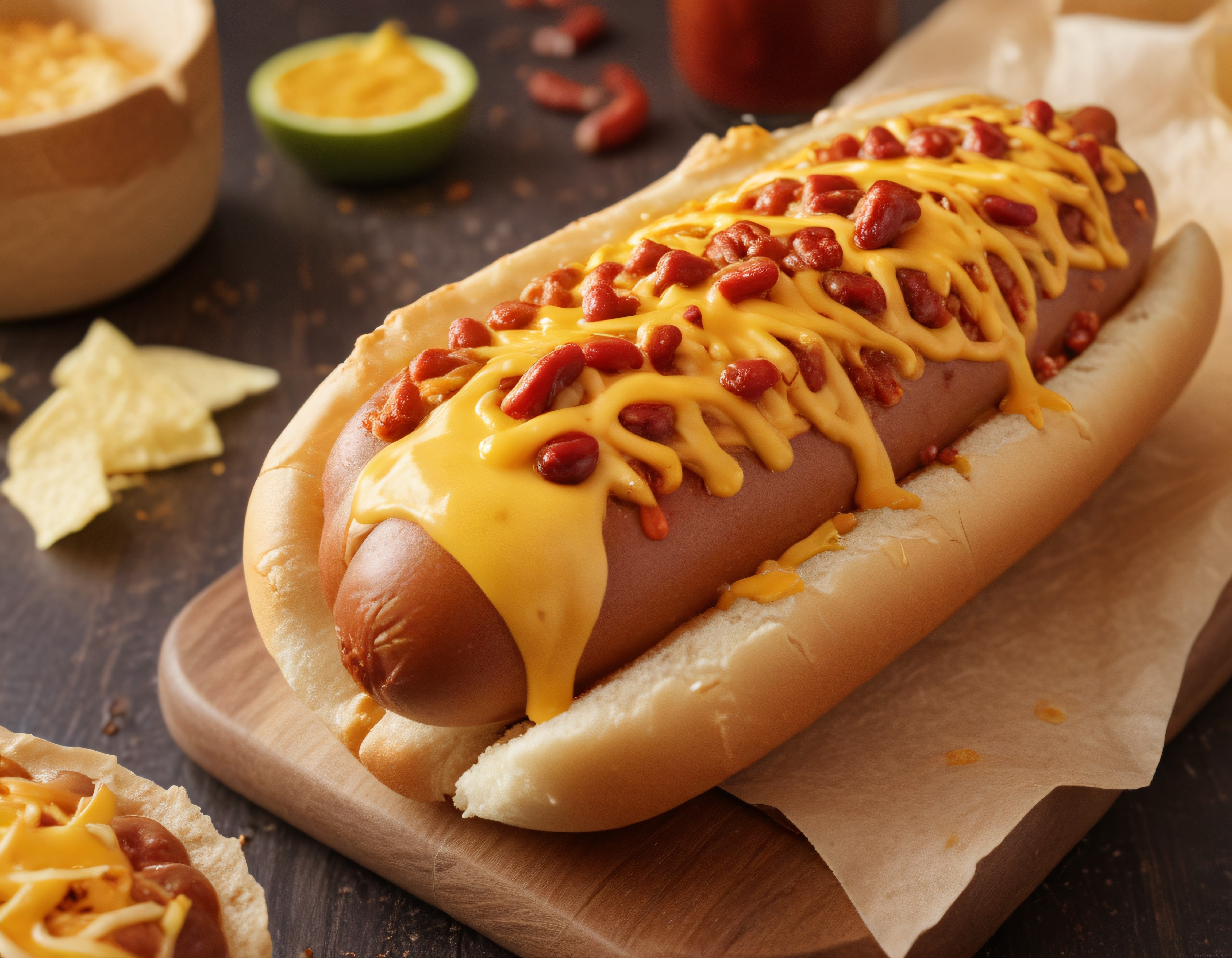 Ahşap Sunum Tahtası Üzerinde Cheddar ve Chili Soslu Lezzetli Hot Dog