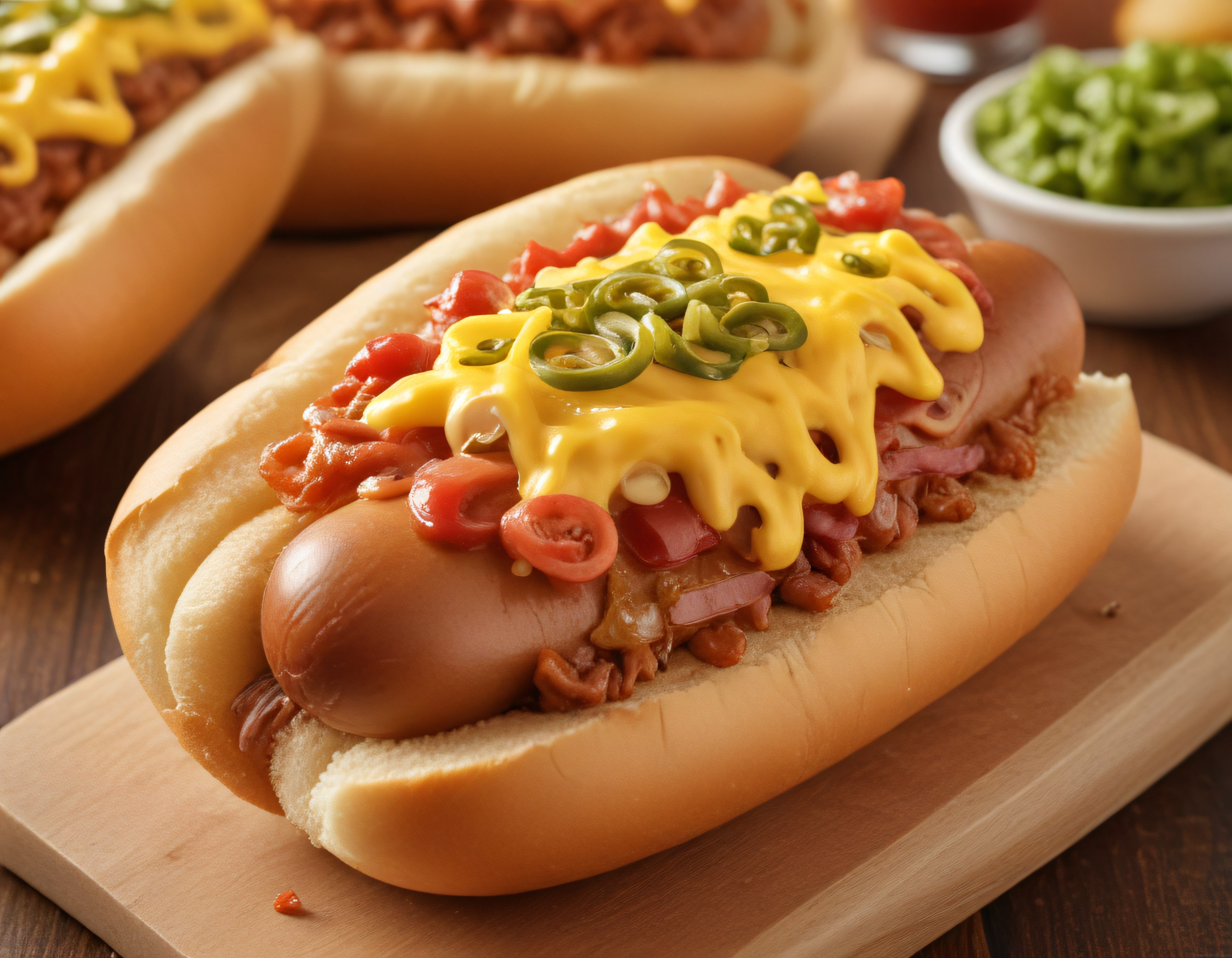 ahşap sunum tahtası üzerinde chili soslu cheddarlı ve jalapenolu sosisli sandviç