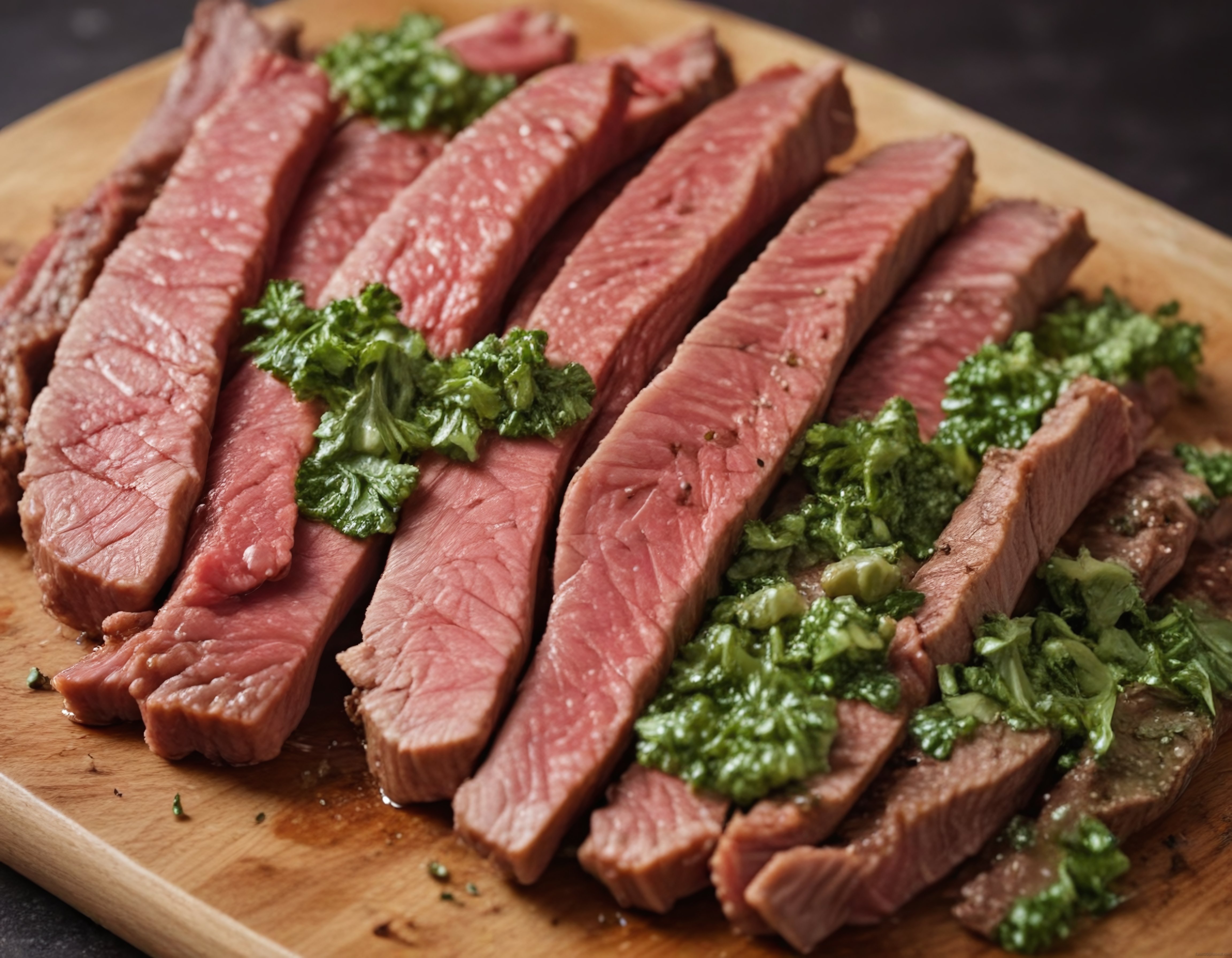 Ahşap Sunum Tahtası Üzerinde Chimichurri Soslu Orta Pişmiş Biftek Dilimleri