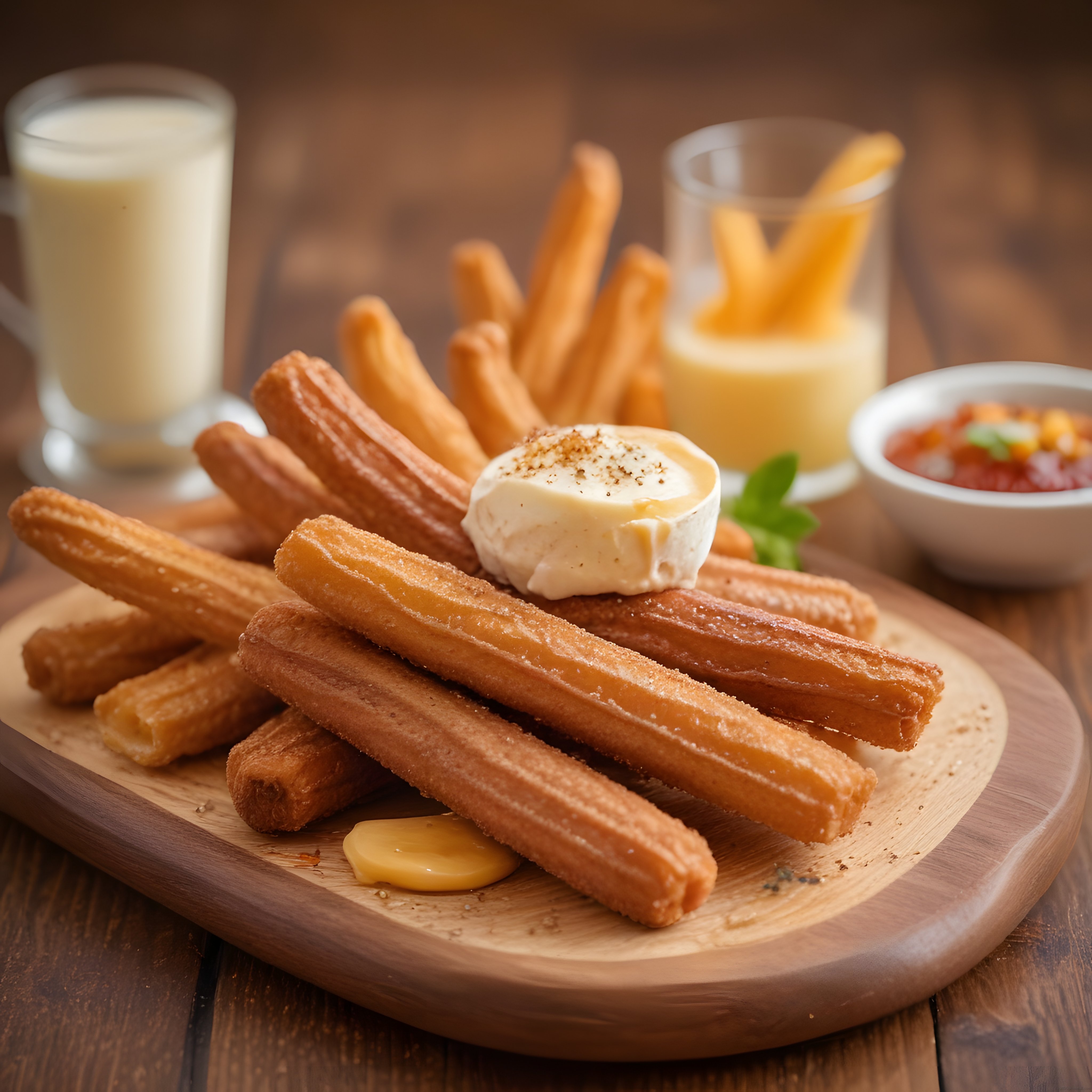 ahşap sunum tahtası üzerinde churros peynir ve karamel soslu tatlı tabağı