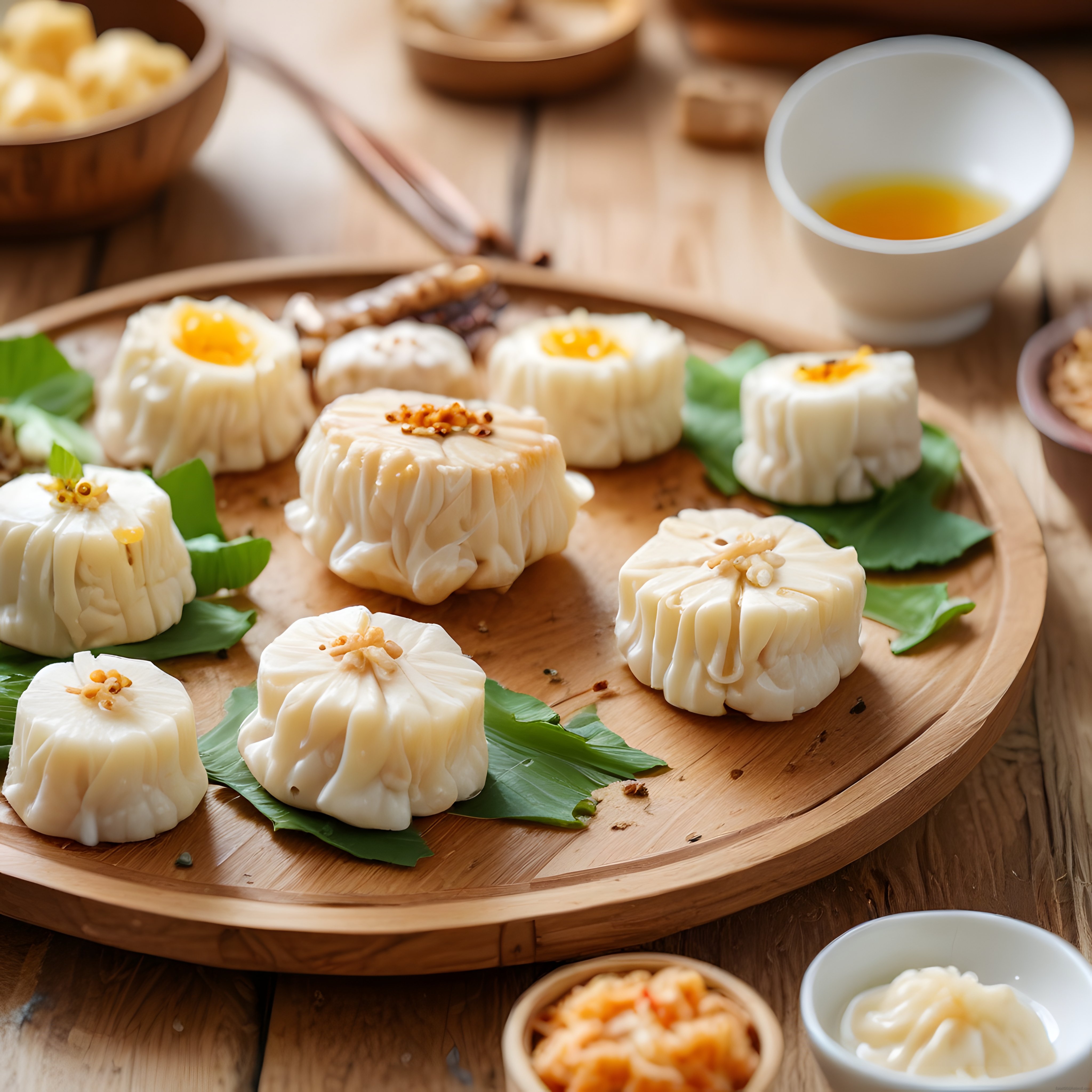 Ahşap Sunum Tahtası Üzerinde Çiçek Şekilli Dim Sum ve Asya Çayı