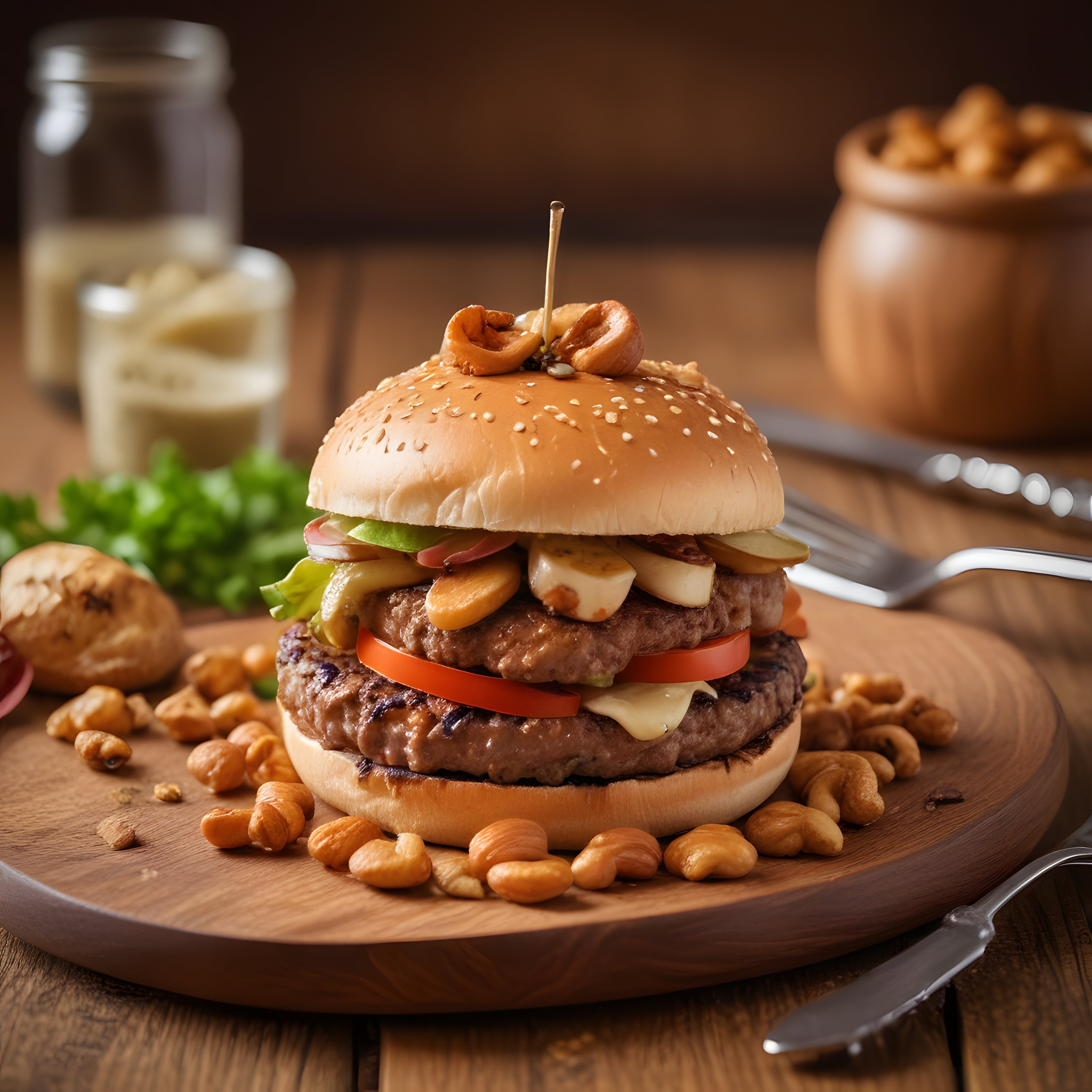Ahşap Sunum Tahtası Üzerinde Çift Katlı Gurme Burger ve Kaju Fıstığı Lezzeti