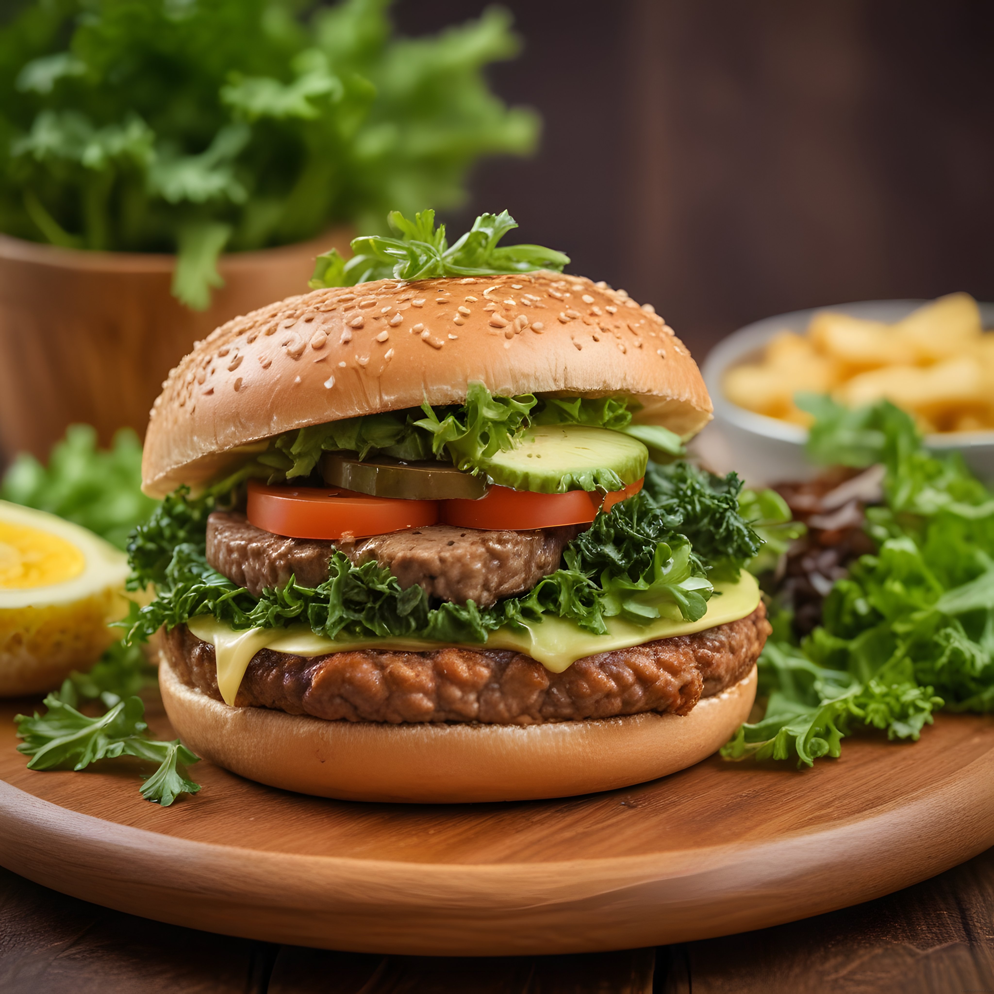 Ahşap Sunum Tahtası Üzerinde Çift Katlı Hamburger ve Patates Kızartması