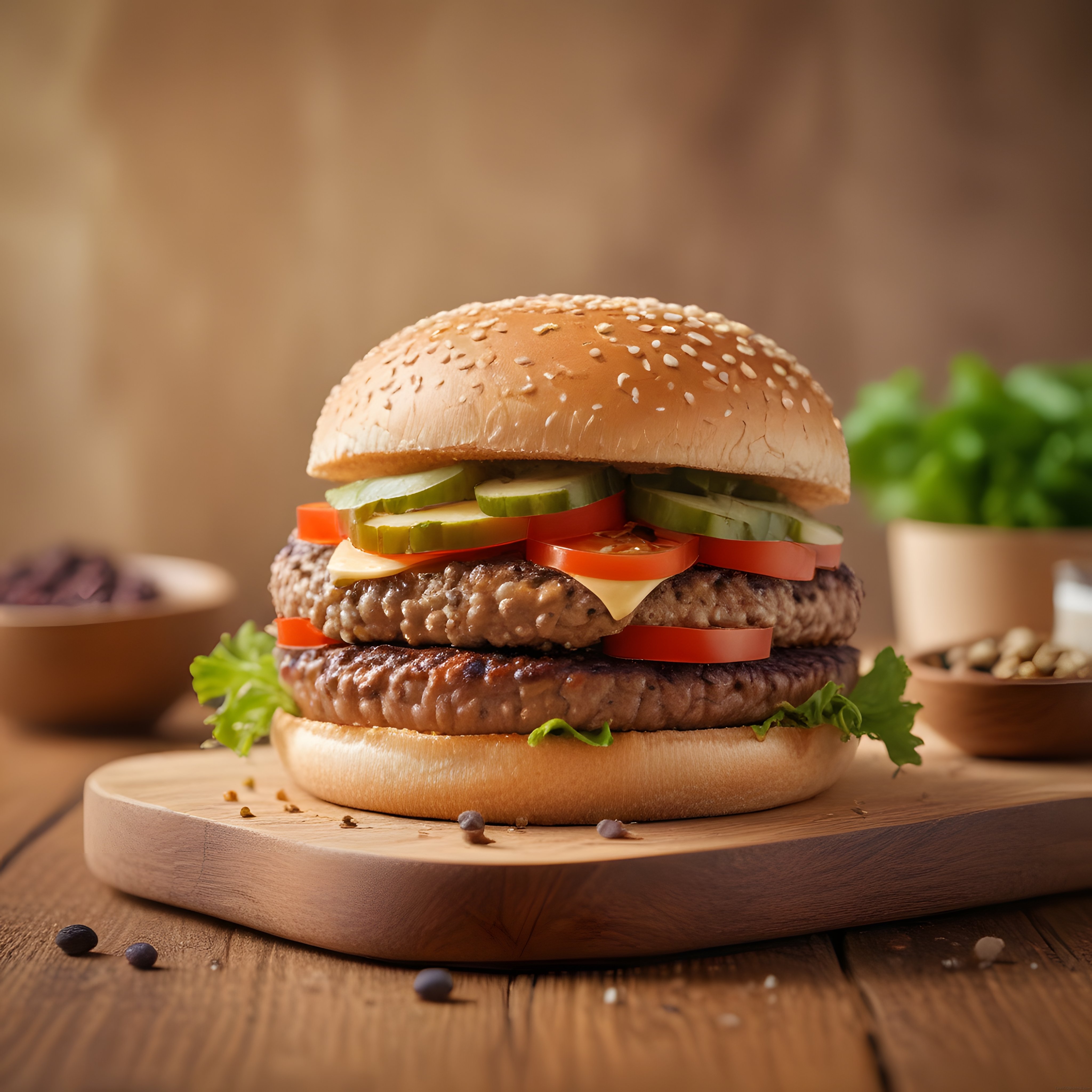 Ahşap Sunum Tahtası Üzerinde Çift Katlı Hamburger ve Taze Yeşillikler
