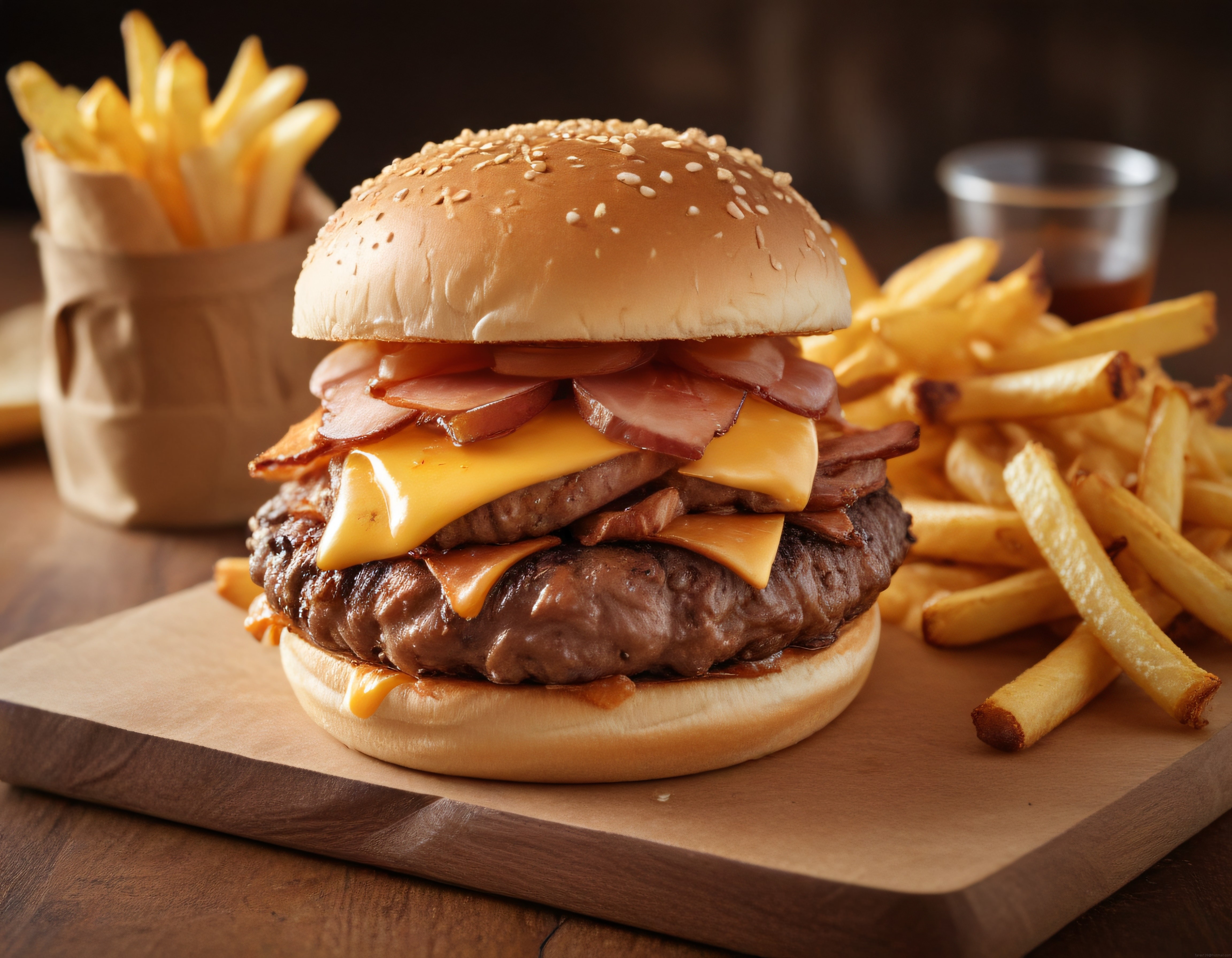 Ahşap Sunum Tahtası Üzerinde Çift Katlı Peynirli Burger ve Patates Kızartması