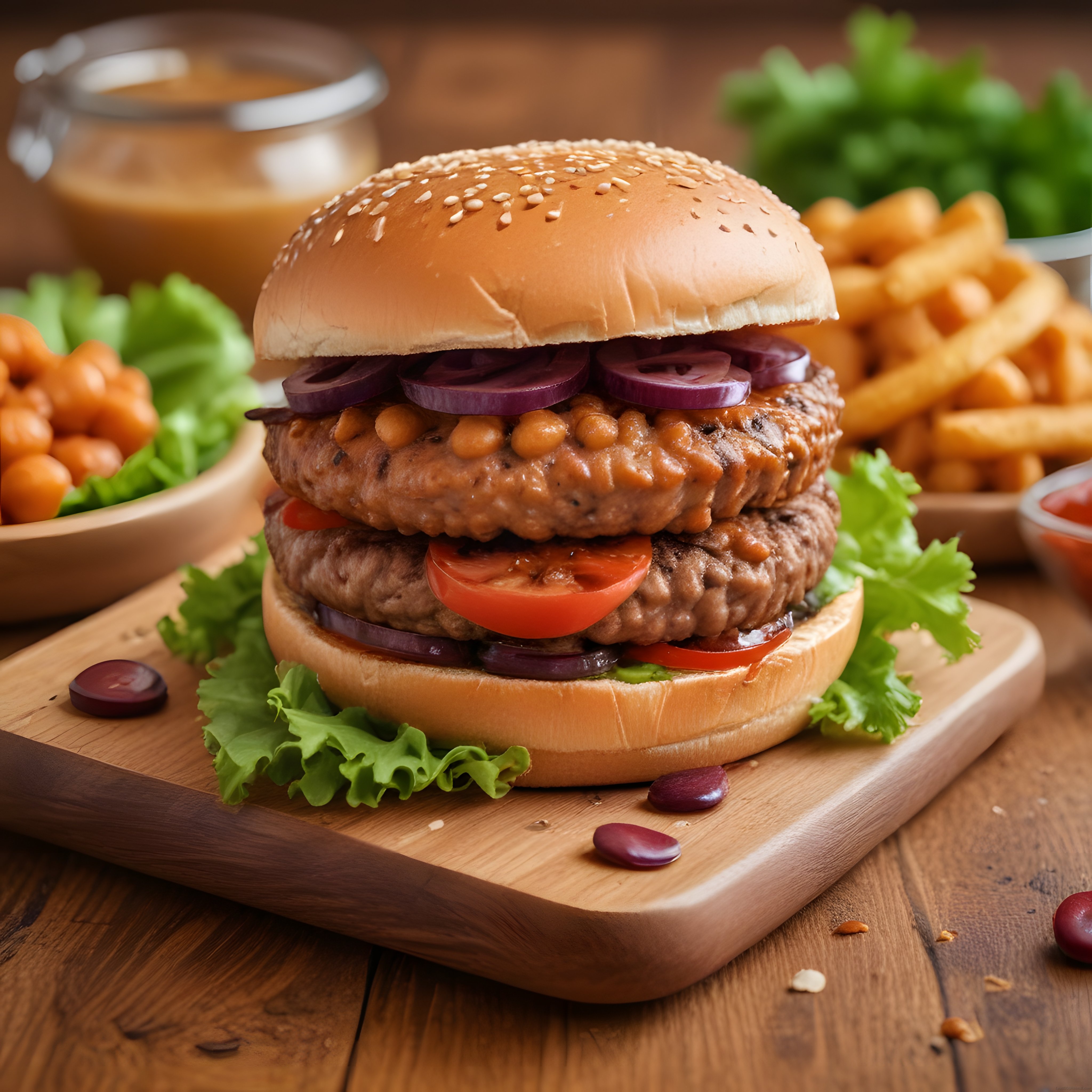 Ahşap Sunum Tahtası Üzerinde Çift Katlı Soslu Hamburger ve Patates Kızartması