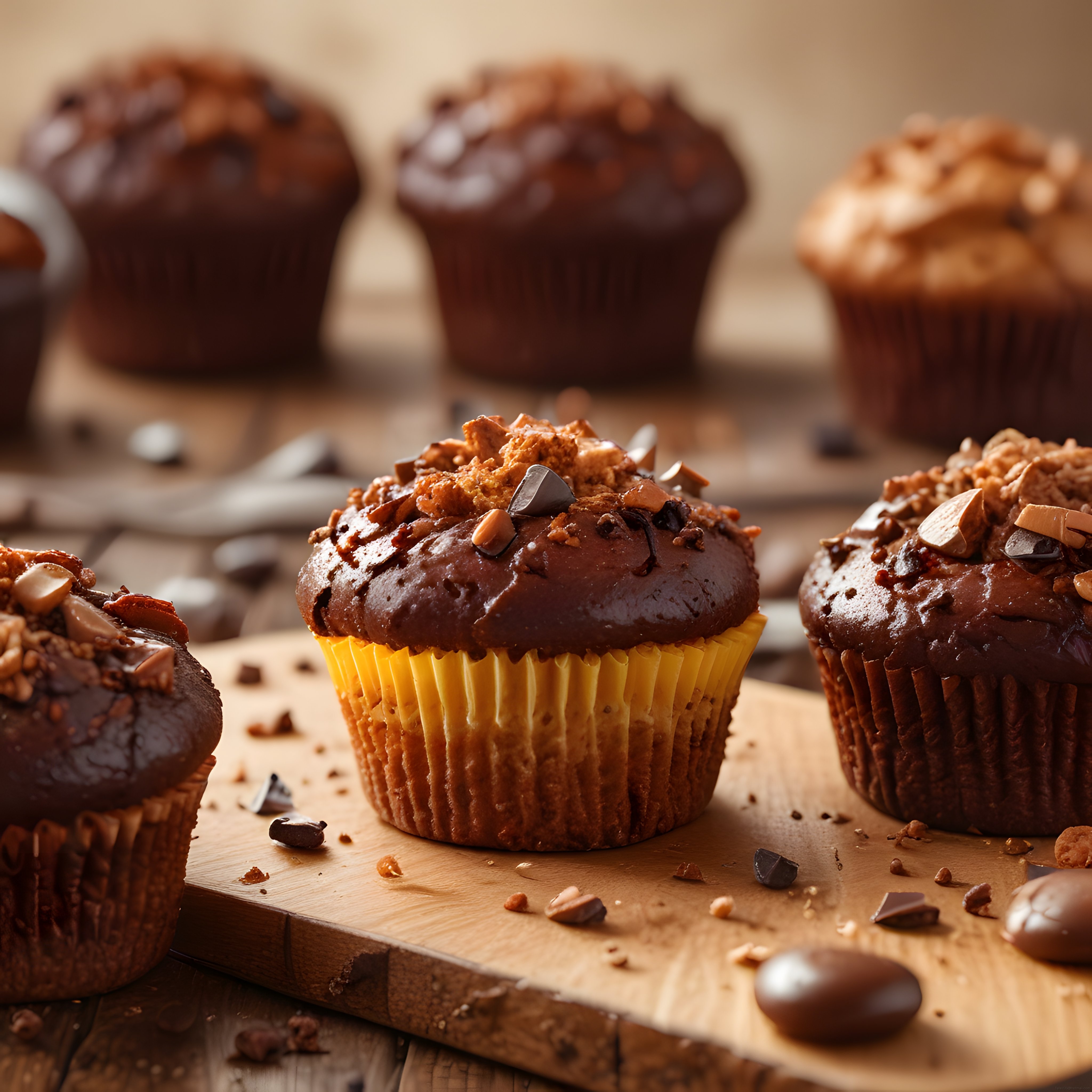 Ahşap Sunum Tahtası Üzerinde Çikolata Kaplamalı Fındıklı Muffin Çekimi