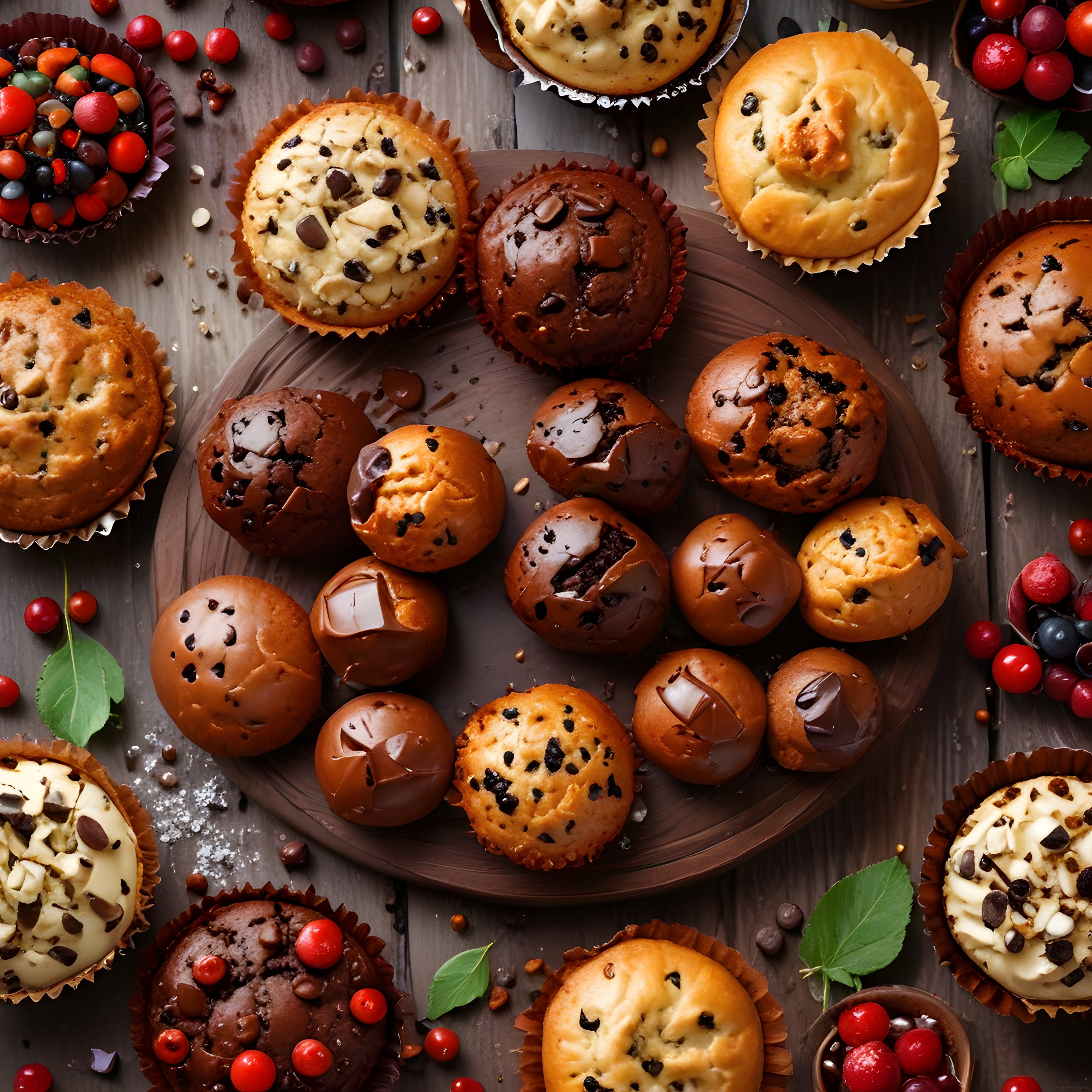 Ahşap Sunum Tahtası Üzerinde Çikolata ve Orman Meyveli Muffin Çeşitleri