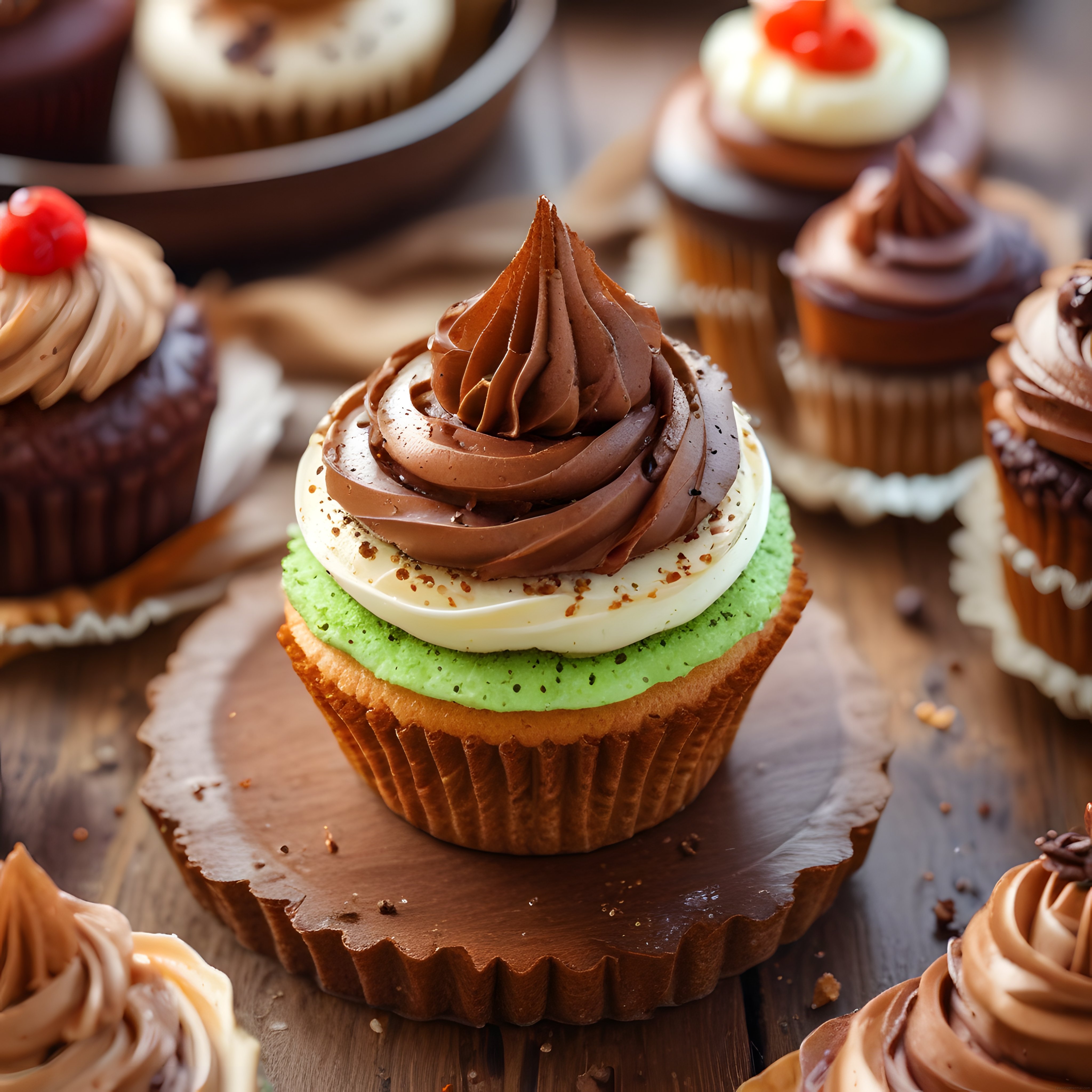 Ahşap sunum tahtası üzerinde çikolata ve yeşil kremalı butik cupcake