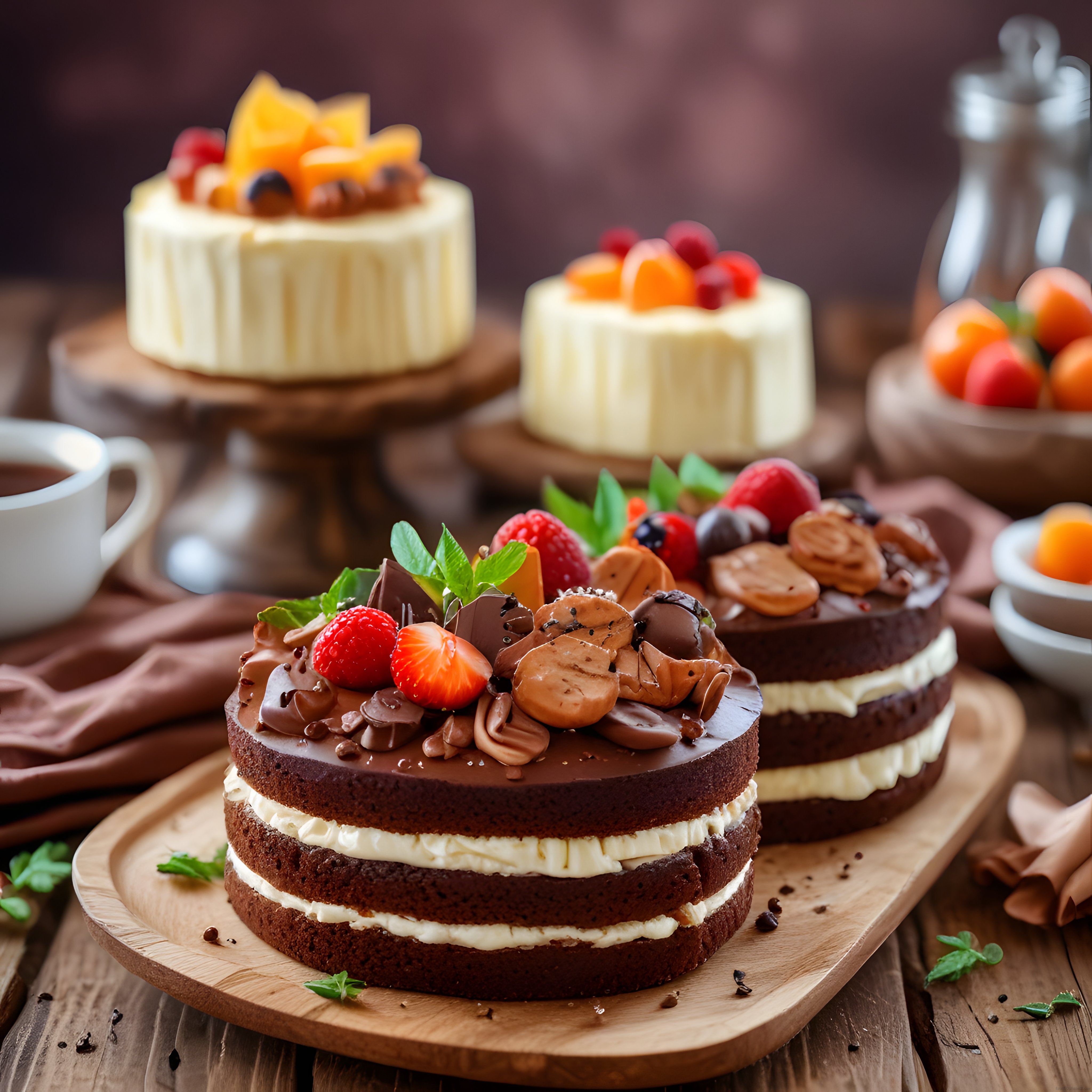 Ahşap Sunum Tahtası Üzerinde Çikolatalı Meyveli Katmanlı Pasta ve Tatlılar