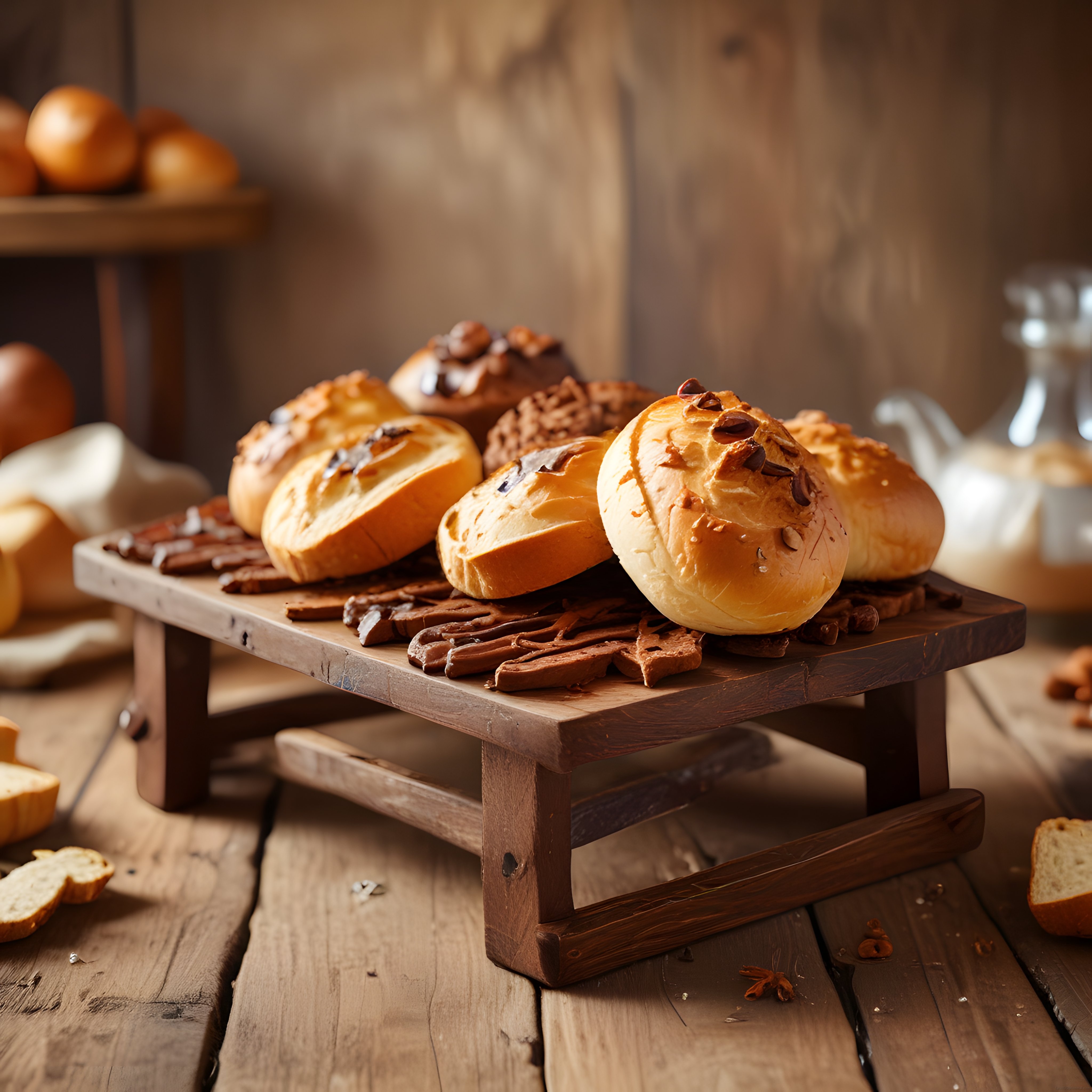 Ahşap Sunum Tahtası Üzerinde Çikolatalı ve Cevizli Artisan Ekmekler