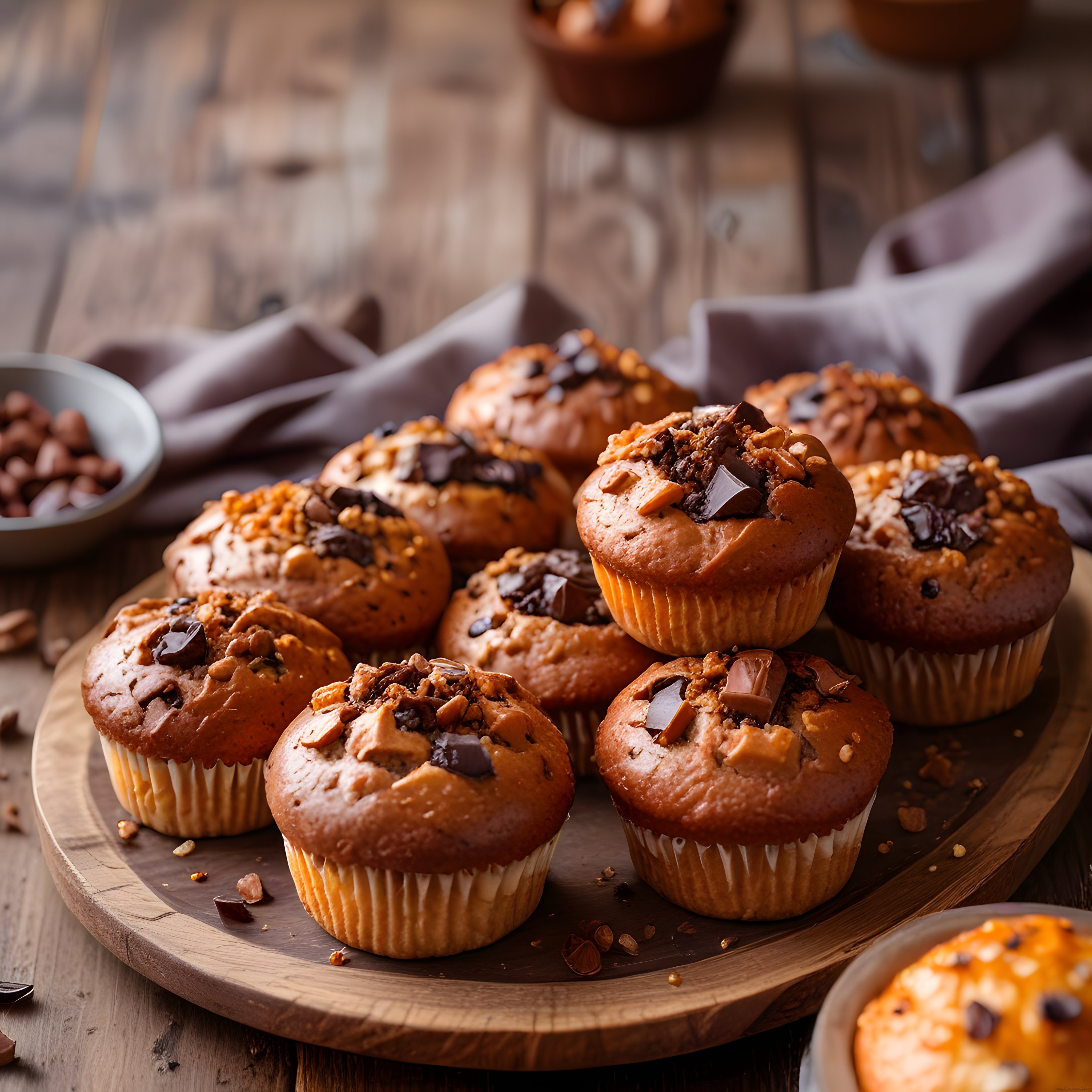 Ahşap Sunum Tahtası Üzerinde Çikolatalı ve Fıstıklı Sıcak Muffinler