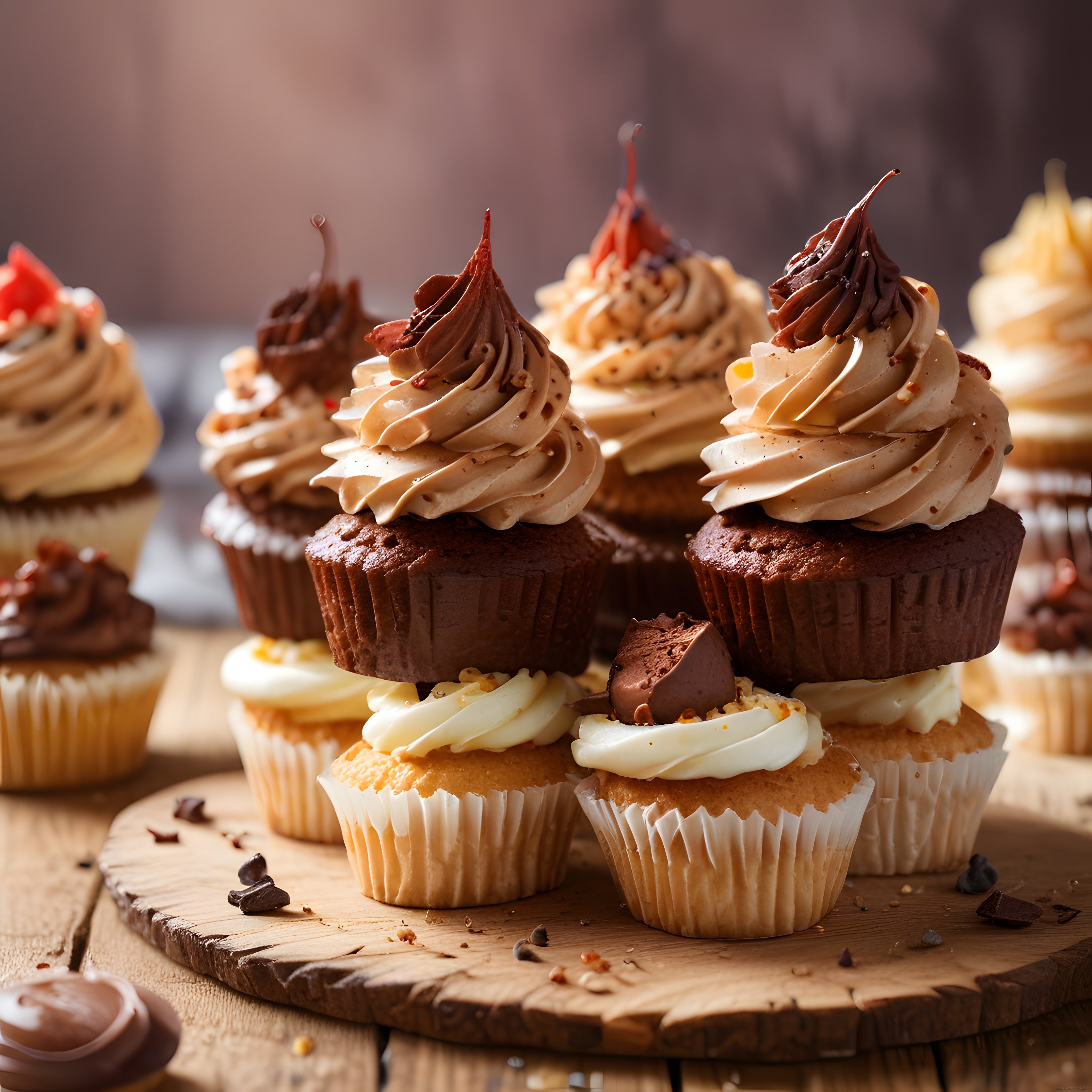 Ahşap Sunum Tahtası Üzerinde Çikolatalı ve Krema Süslü Leziz Cupcake Kulesi