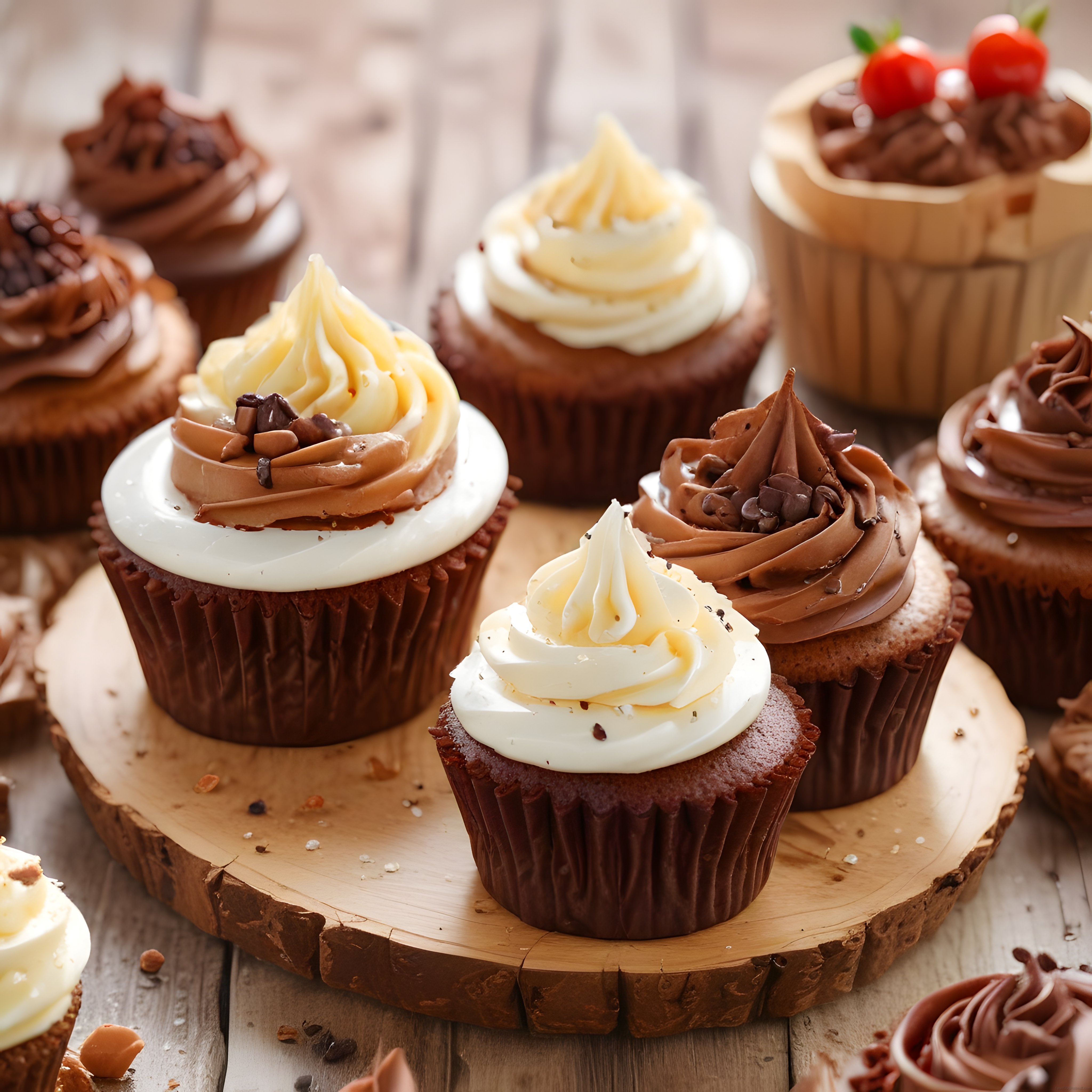 Ahşap Sunum Tahtası Üzerinde Çikolatalı ve Kremalı Cupcake Çeşitleri