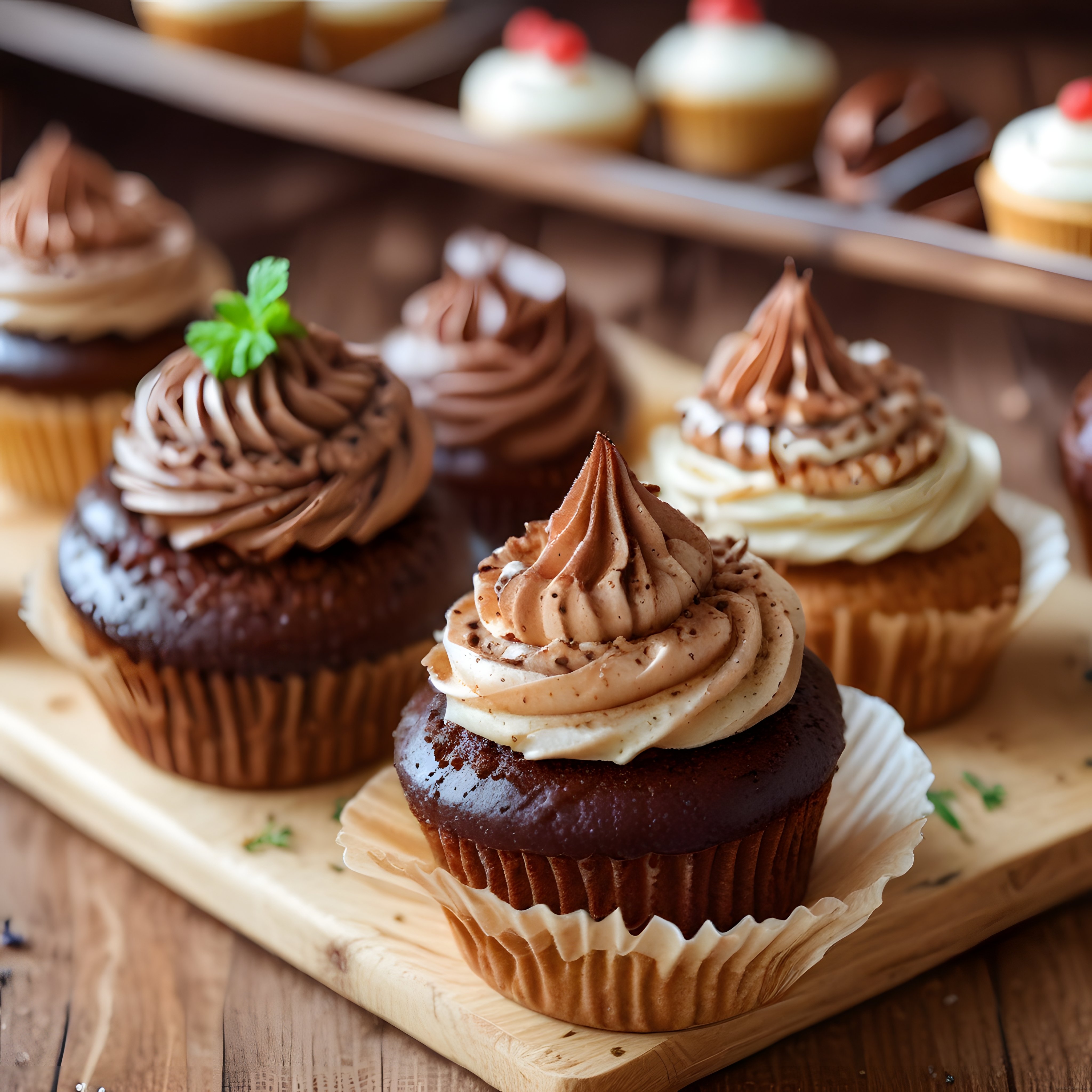 Ahşap Sunum Tahtası Üzerinde Çikolatalı ve Kremalı Cupcakeler