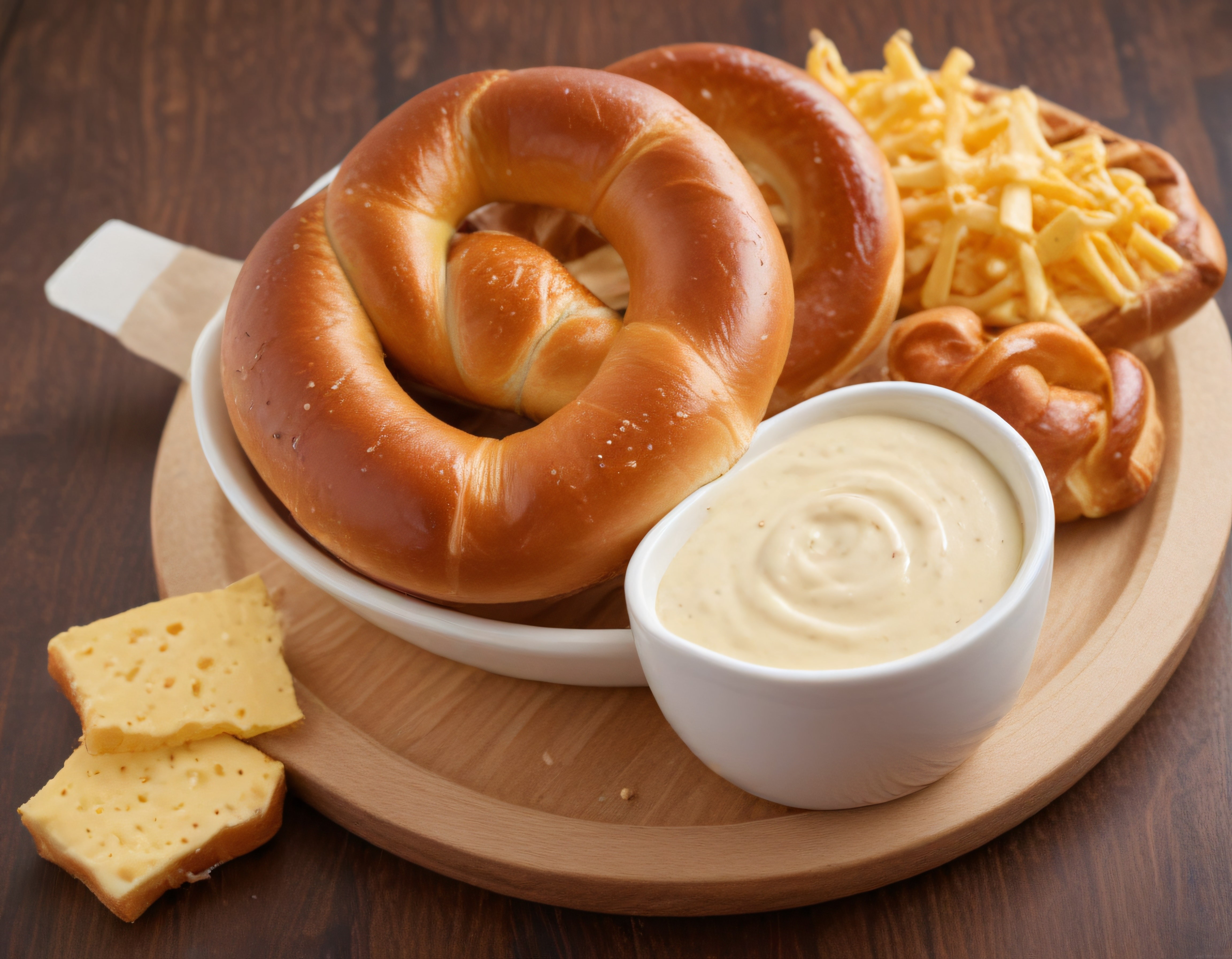 ahşap sunum tahtası üzerinde çıtır pretzeller ve kremsi peynir sosu