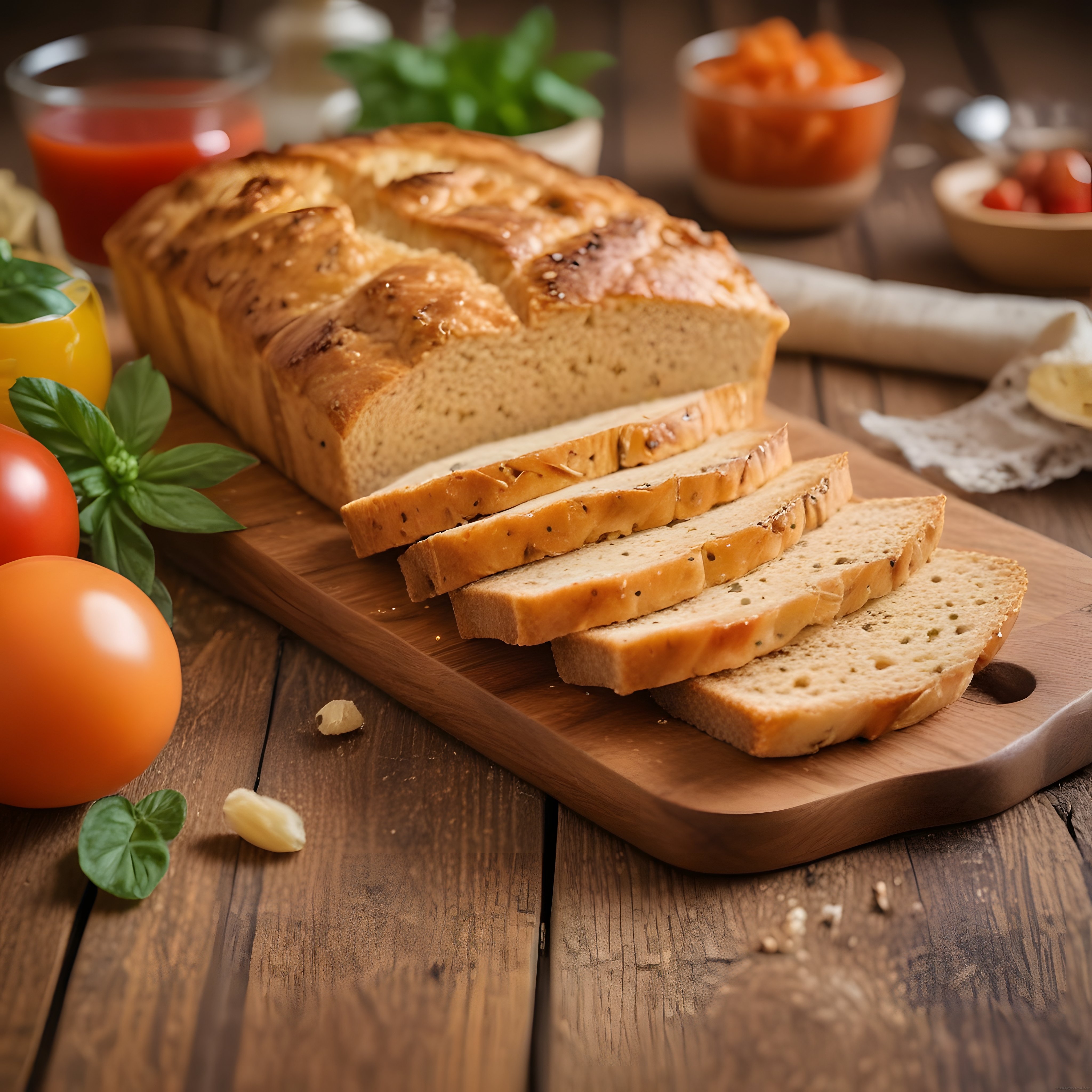 Ahşap Sunum Tahtası Üzerinde Dilimlenmiş Ev Yapımı Ekmek ve Taze Domatesler