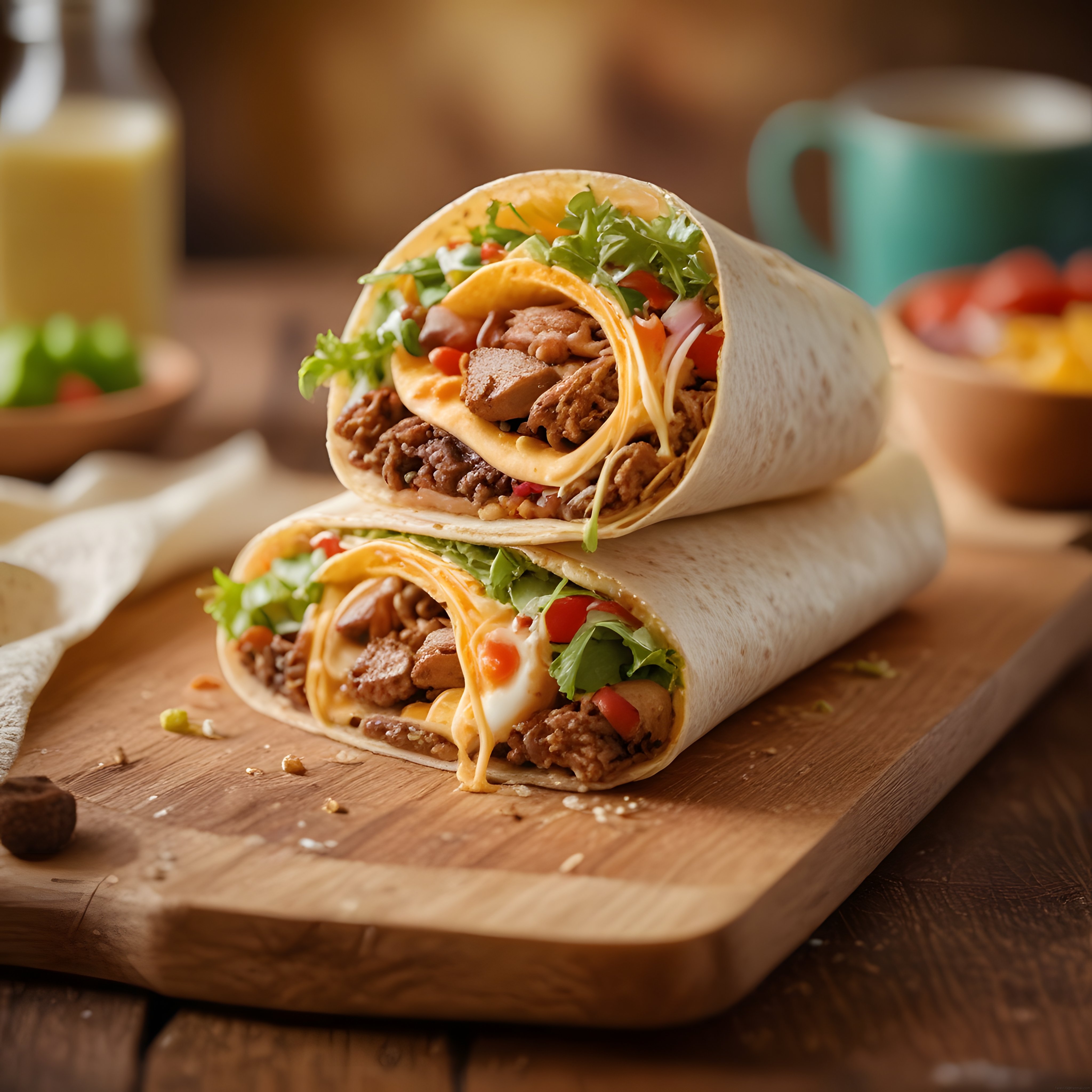 Ahşap sunum tahtası üzerinde dilimlenmiş kahvaltı burritoları ve taze malzemeler